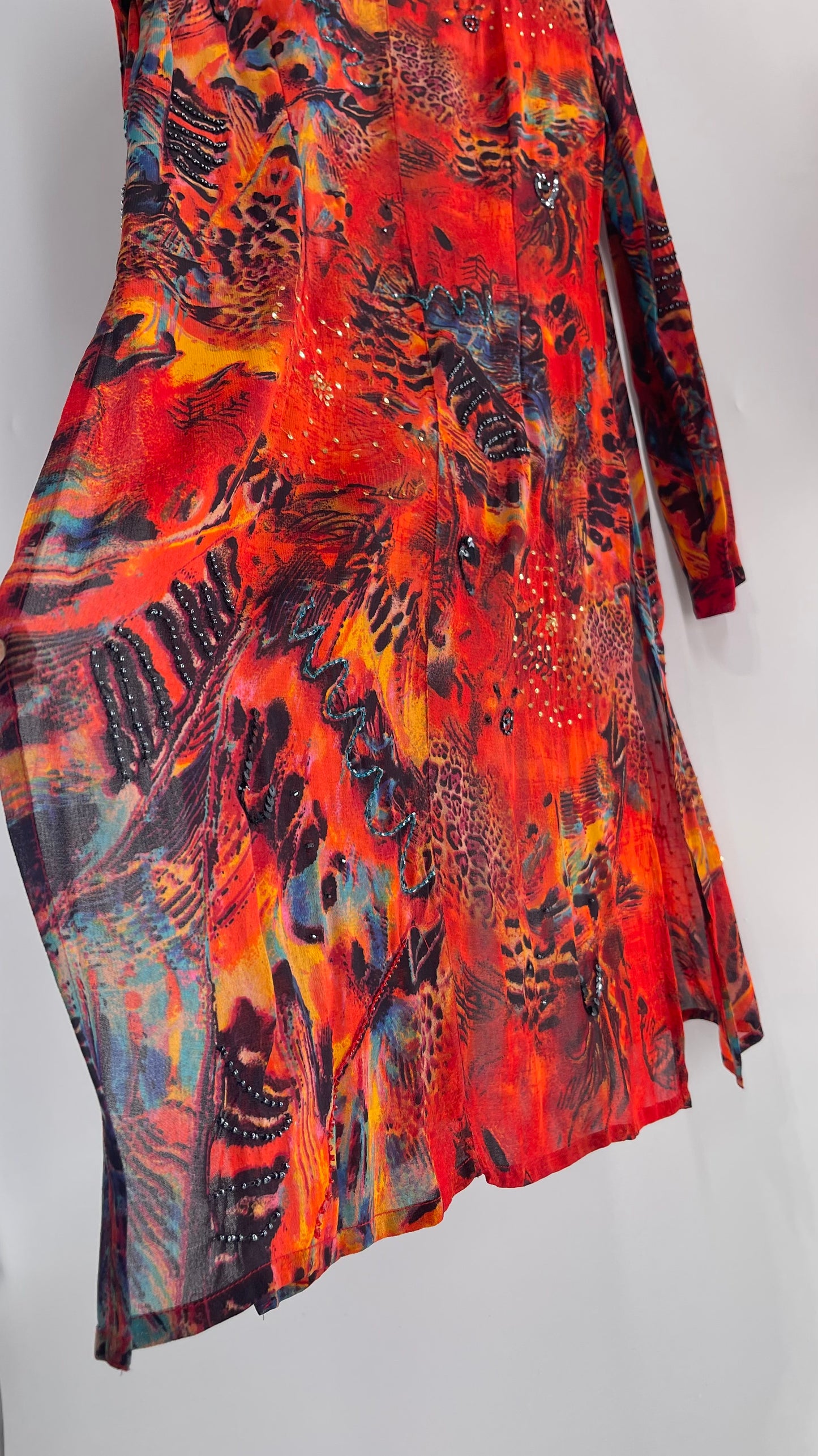 Vintage CHICOs Burnt Orange Sheer Duster Coat with Mixed Animal Print and Embroidery/Beading (XL)