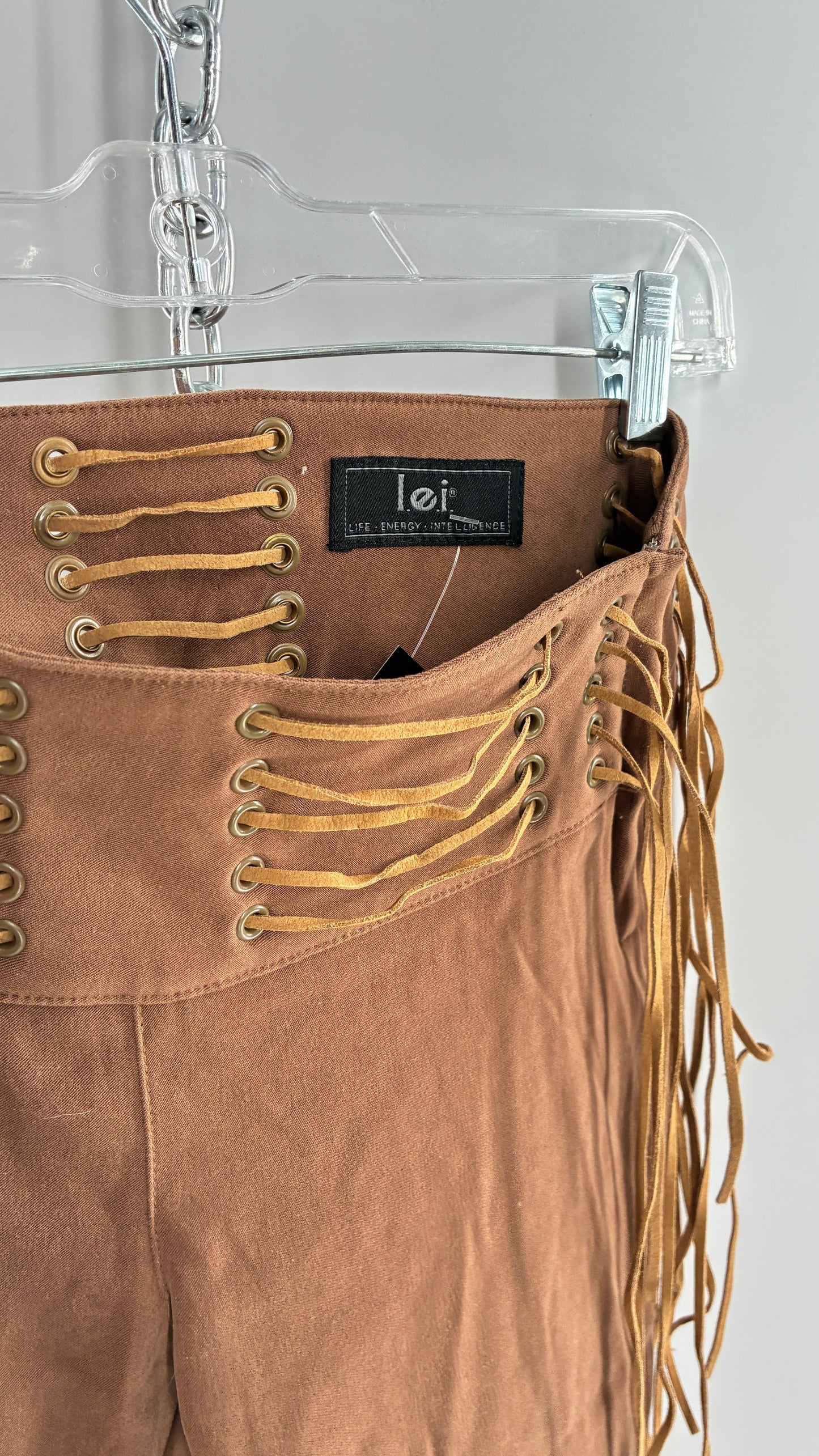 Vintage Rare L.E.I Low Rise Faux Suede Kick Flares with Wide, Thread Through Tassels Hip Band (5)