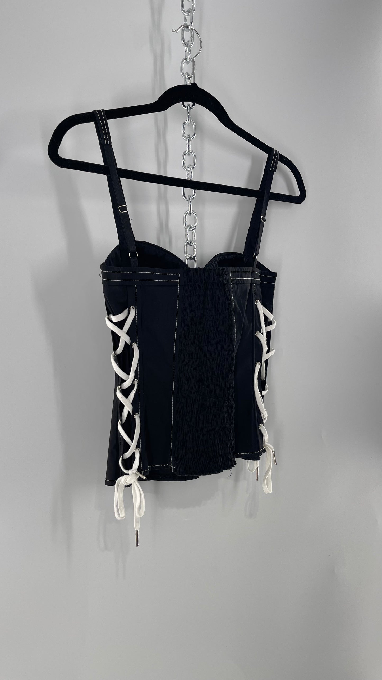 IAMGIA Black Corset Tank with White Lace Tie Up Detail and Contrast White Stitching (S)