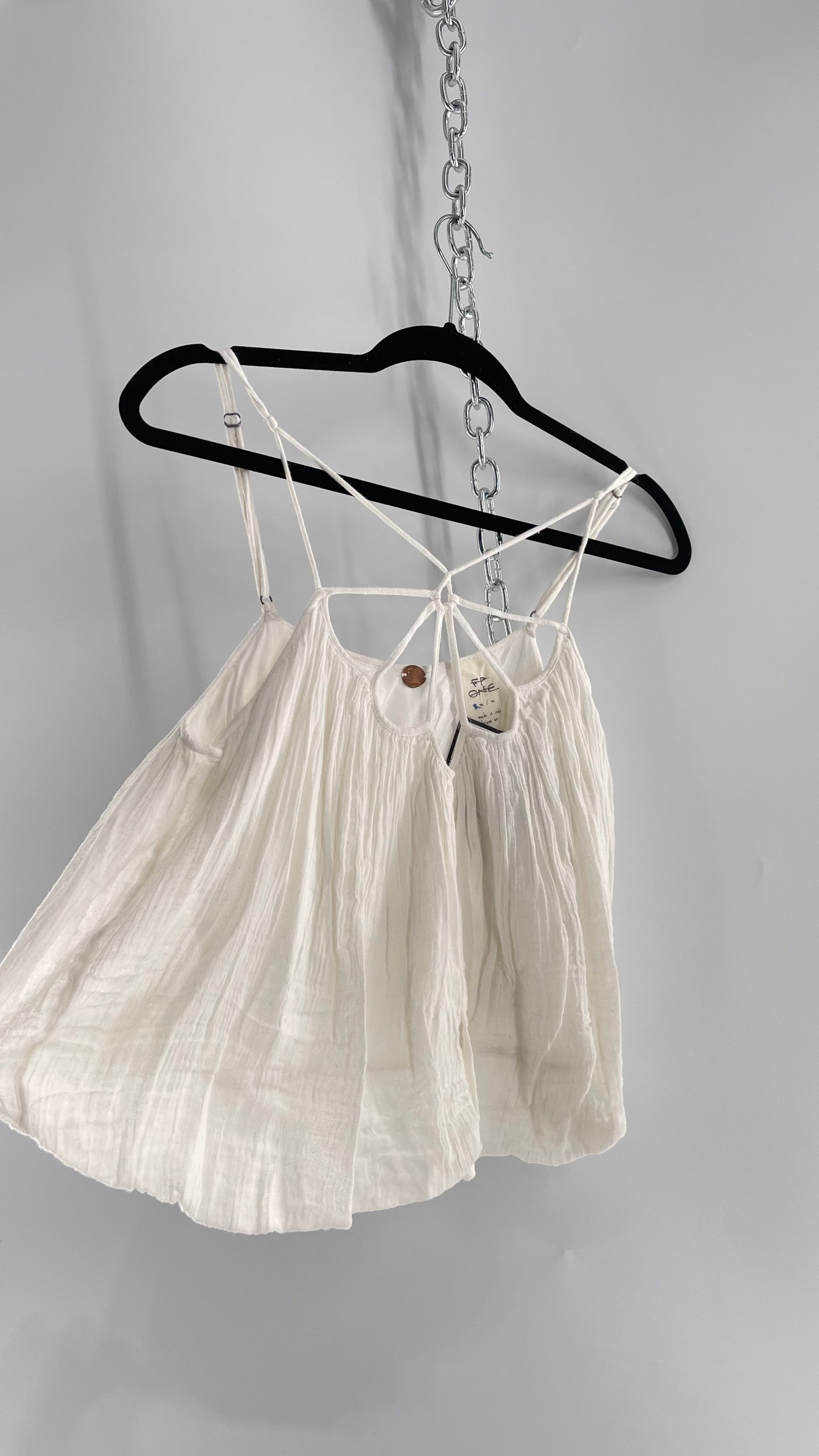 Free People White Cotton Bubble Sleeveless Blouse with Strappy Neckline (M)