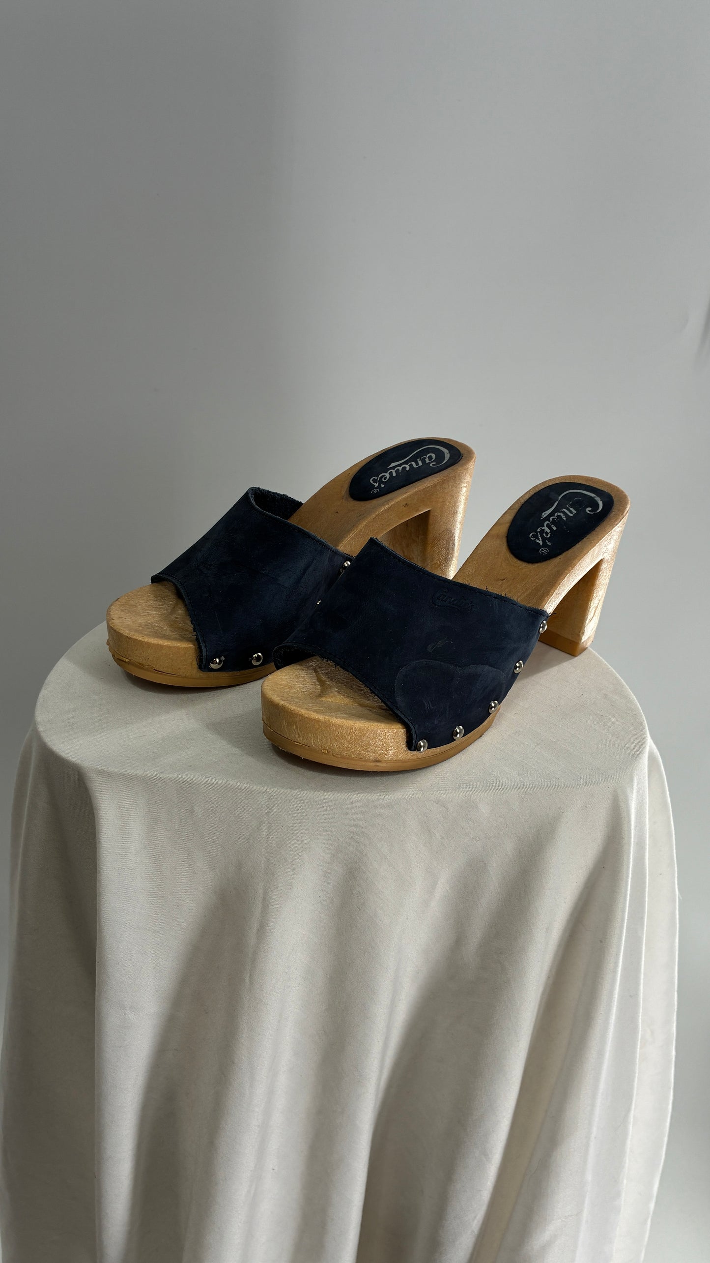 Vintage Candies 1980s Navy Blue HOT Side Studded High Heel Slides (8)