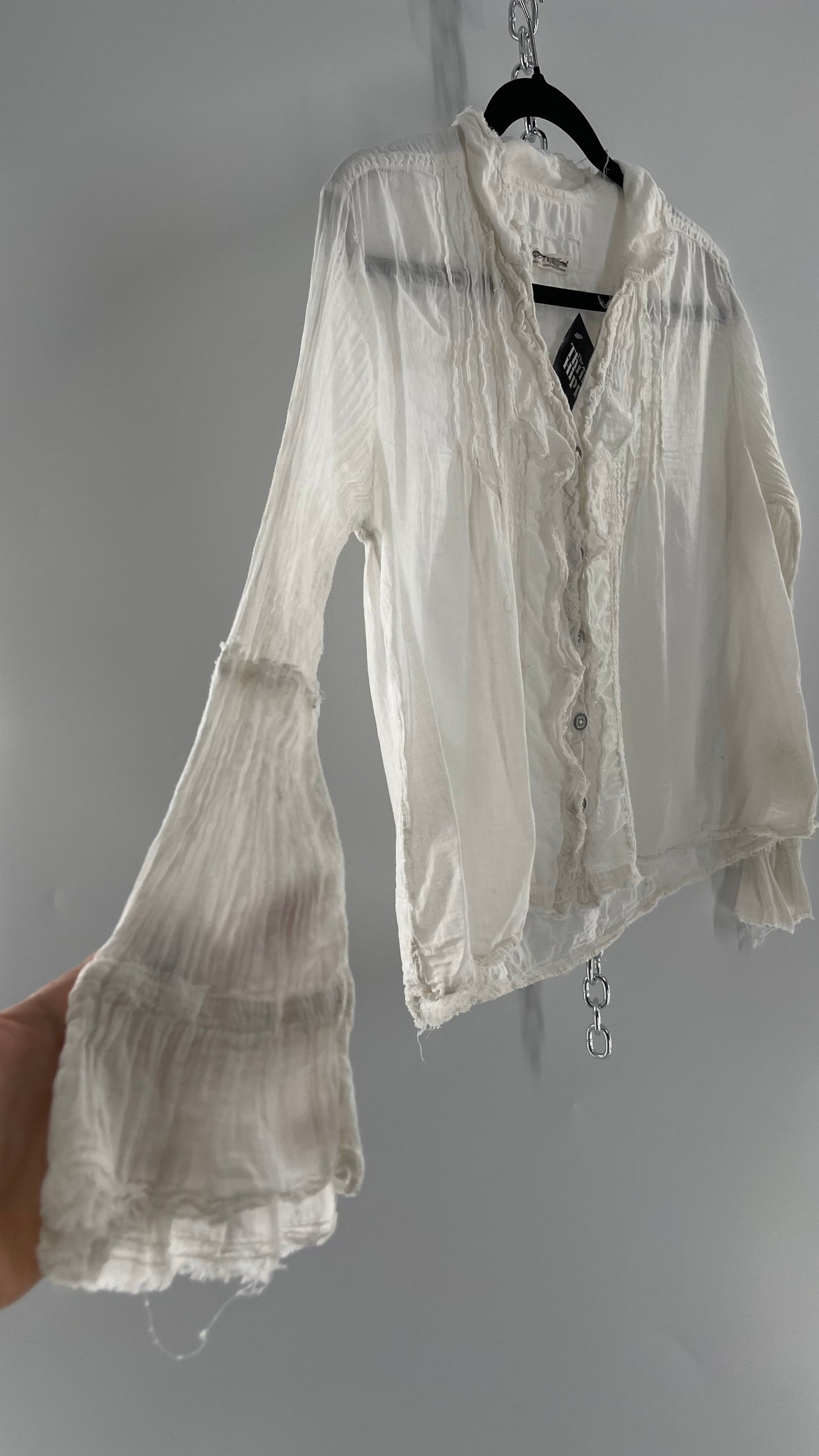 Free People White Cotton Ruffle Button Up with Crimped Sleeves (Small)