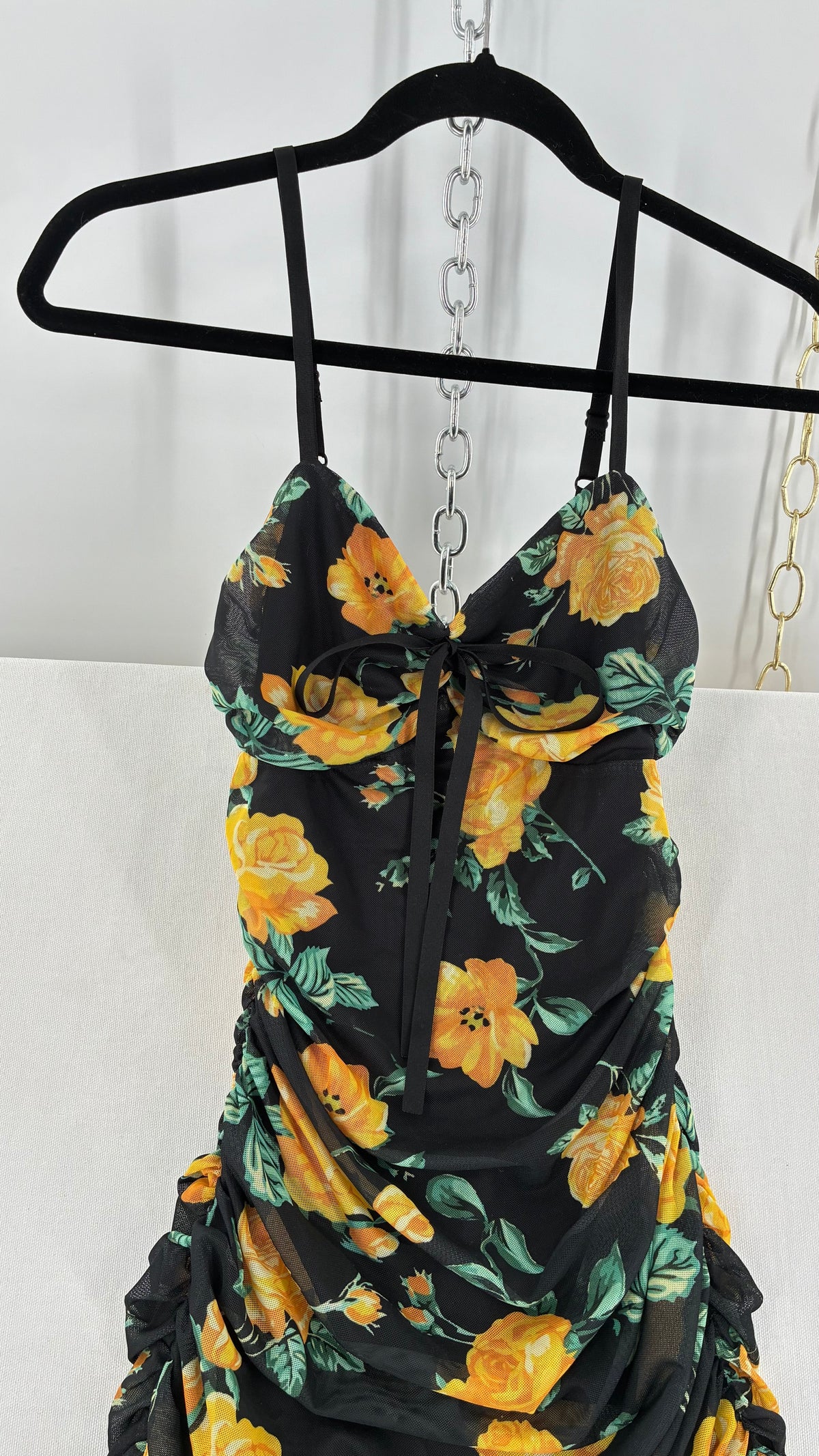 Vintage VÊNUS Floral Black, Yellow Ruched Full Length Dress (XS)