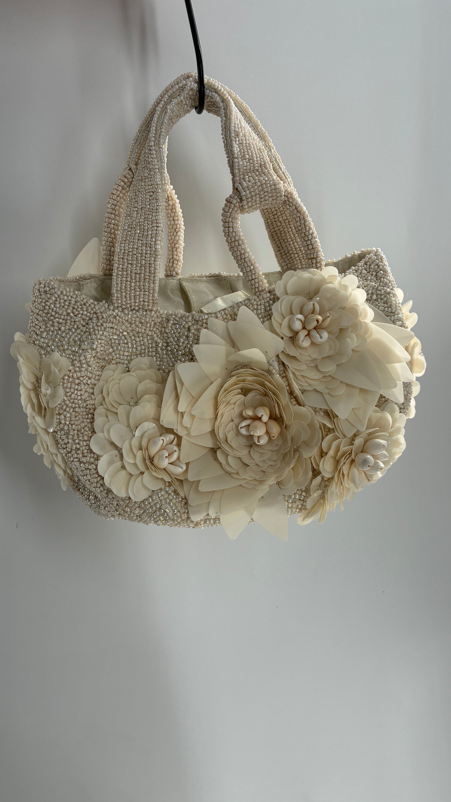 Beaded Off White Purse with Sequin and Shell Flowers