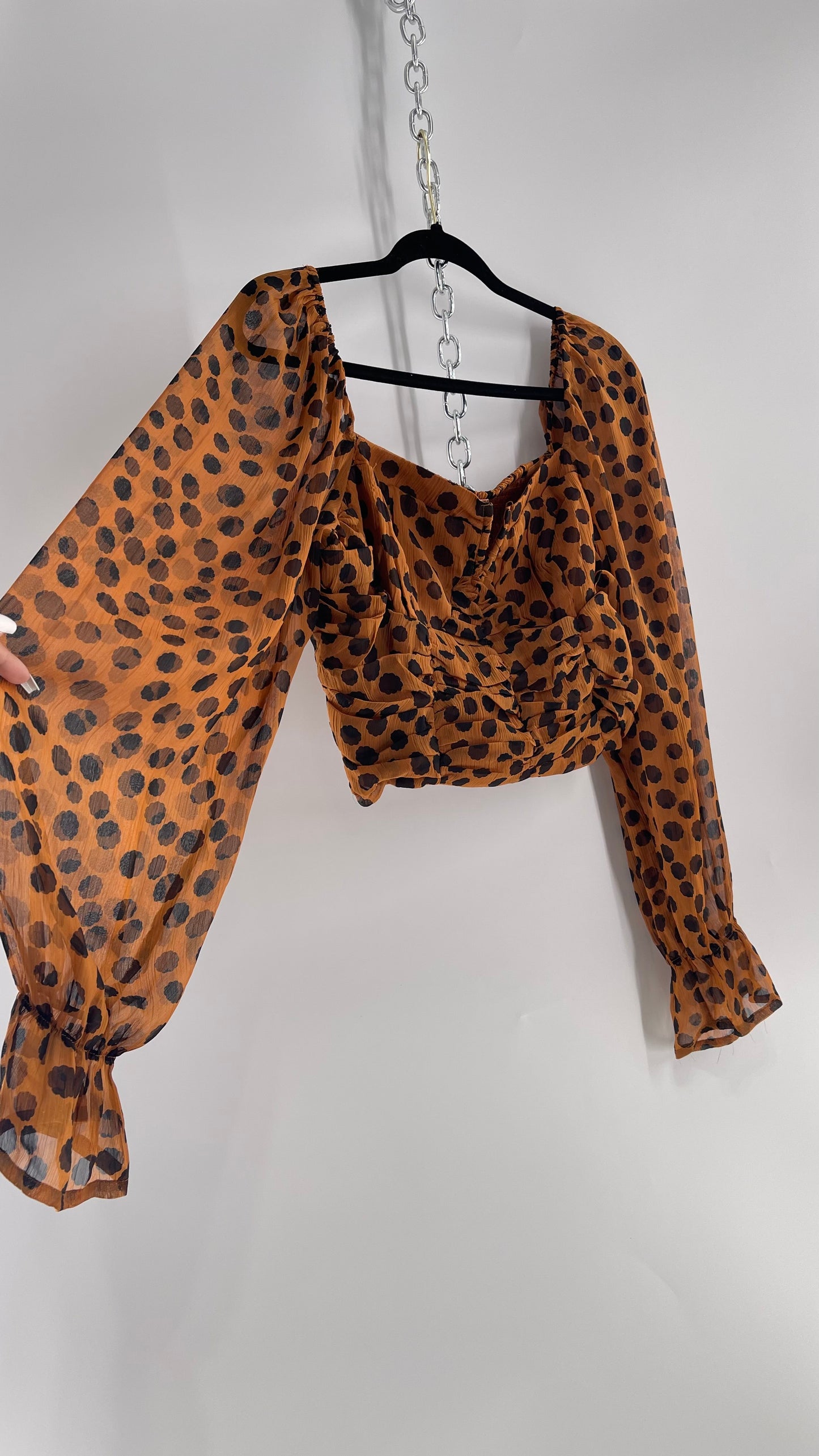 Free People Brown Black Animal Print Blouse with Ruched Bodice and Tags Attached (Large)