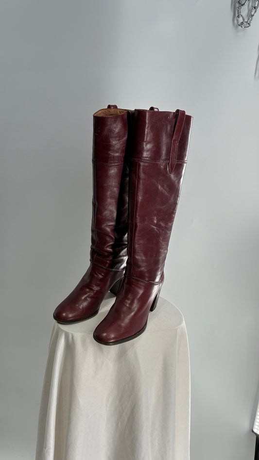 Vintage Red Leather Round Toe Knee High Boots Made in Spain Boots (38)