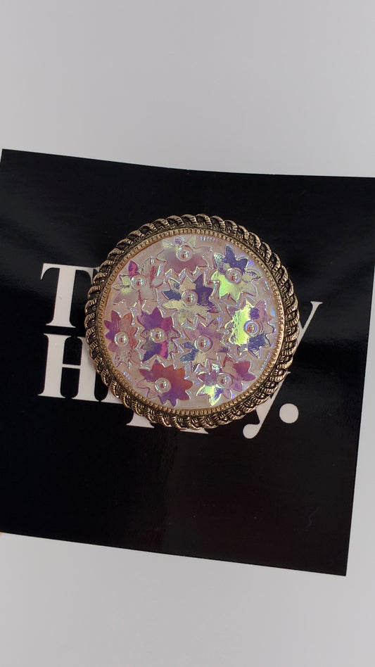 Vintage Scarf Ring Loop with Gold Metal Border and Iridescent Flowers