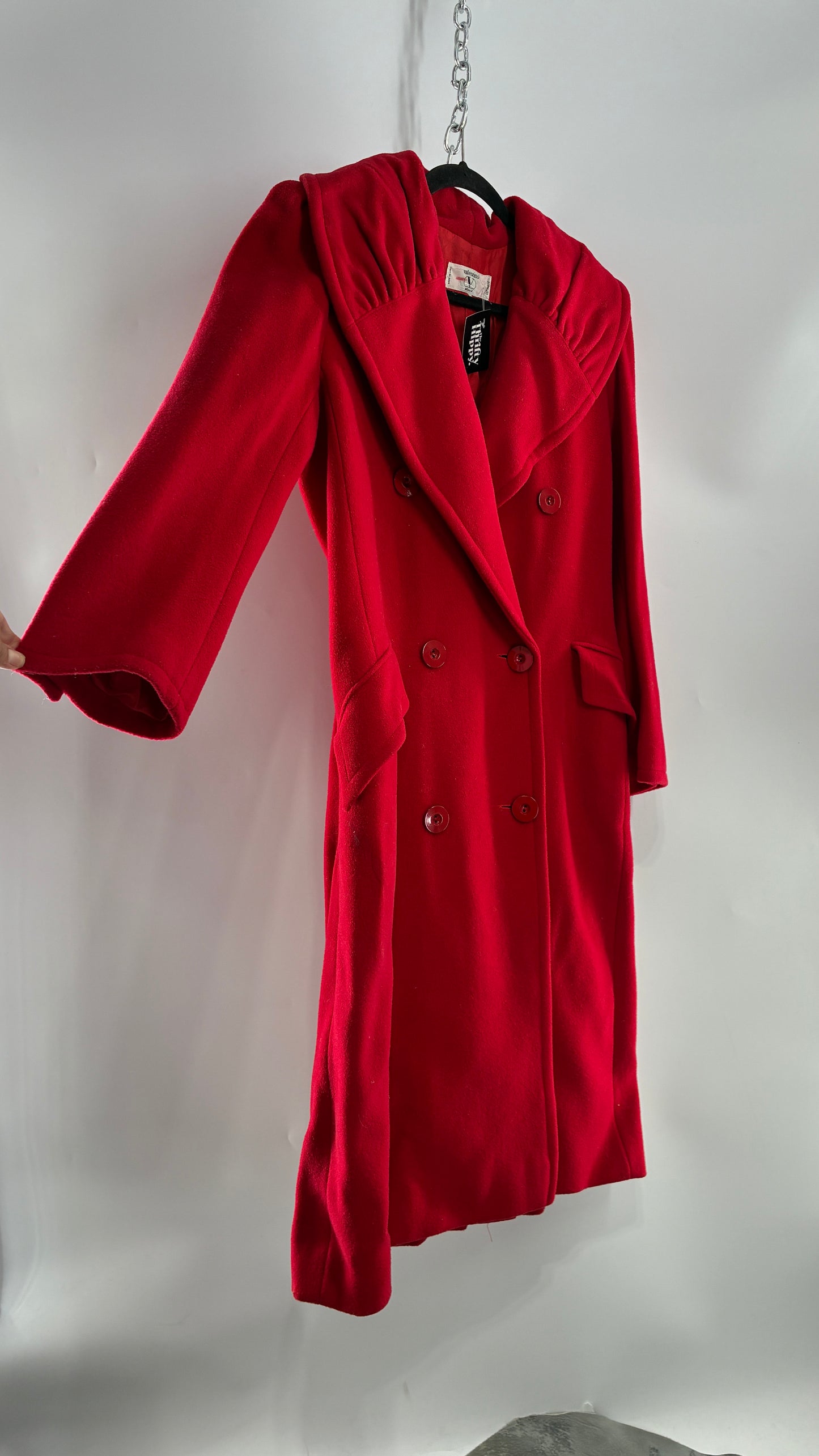 Vintage VALENTINO Miss V Red Sweeping, Tie Back and Pleated/Draped Collar Coat