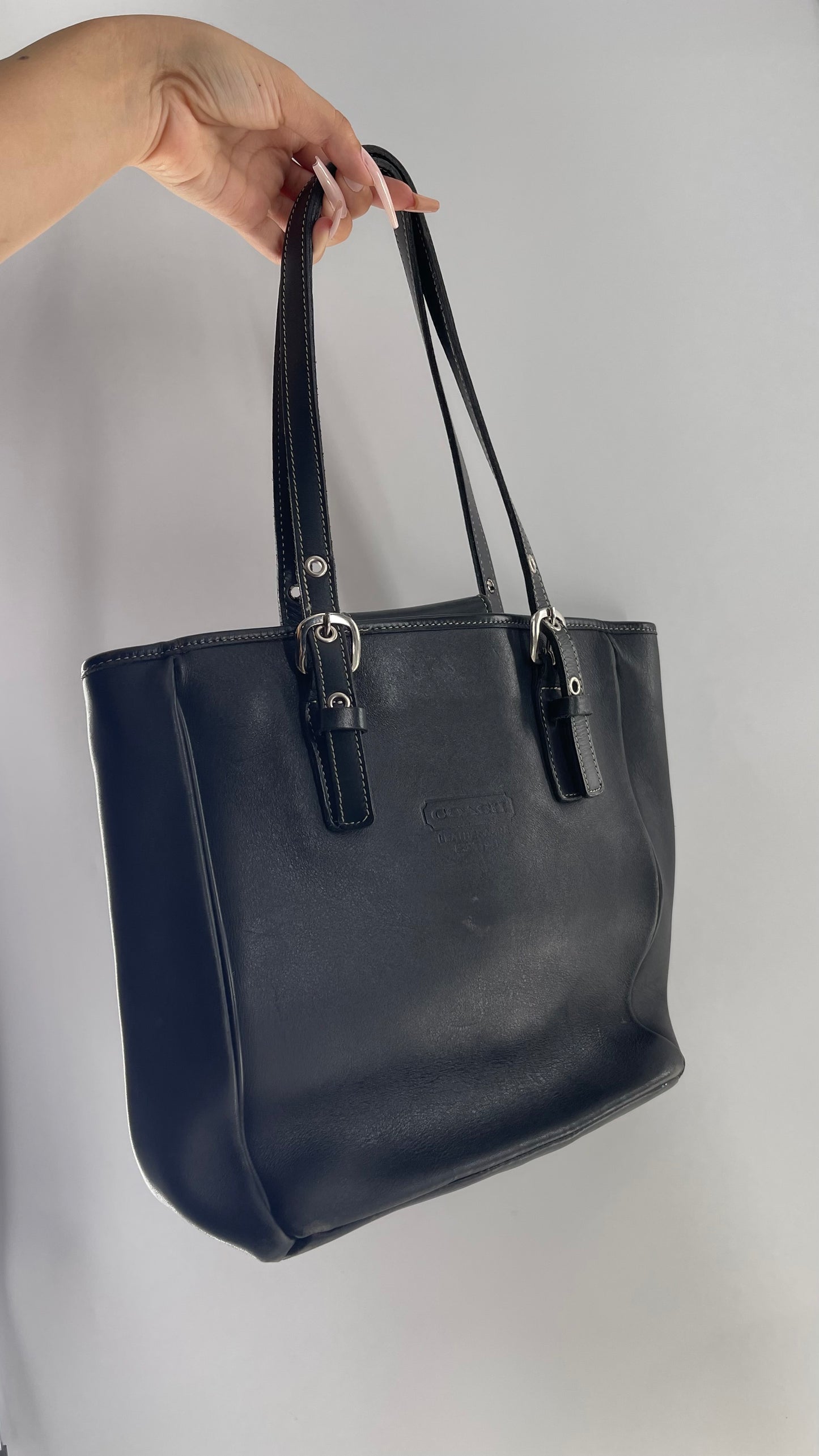 COACH Black Leather Tote Bag with White Stitching