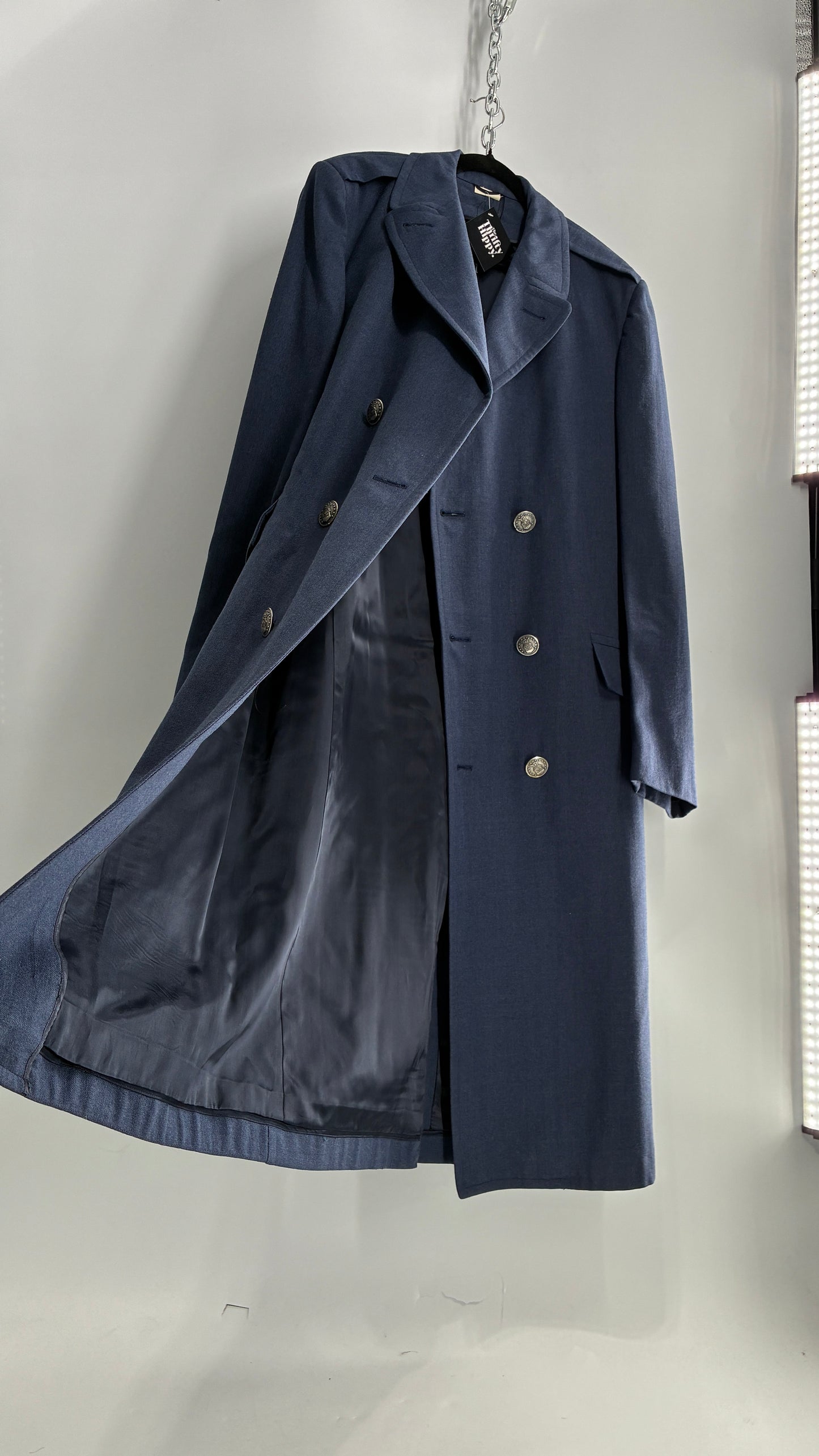 Vintage Military Style Navy Blue Woven Heavy Duty Long Coat