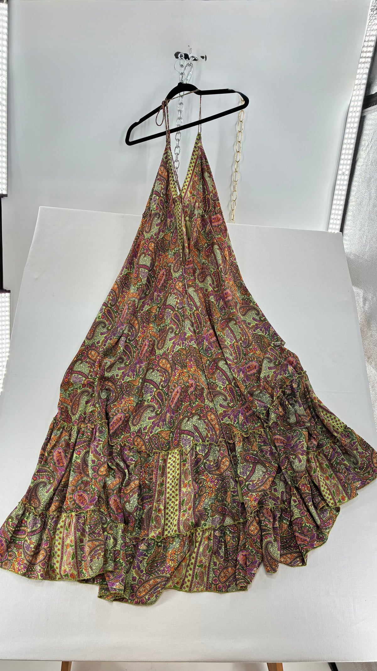 Vintage MIKV Paisley Patterned Flowy Full Length Gown with Low, Open Back Detail (OS)