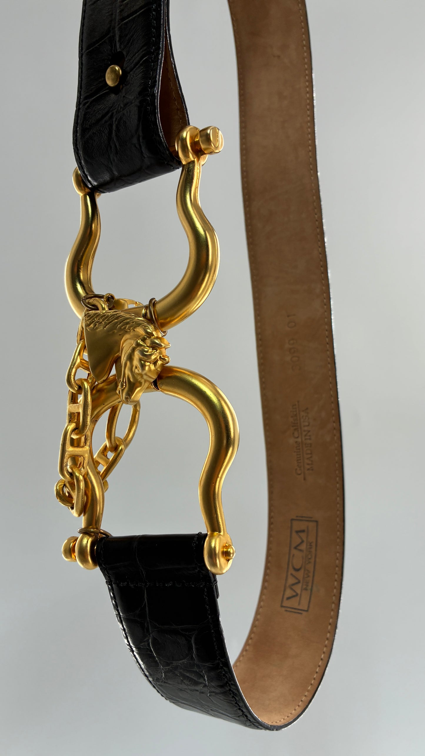 Vintage WCM New York Genuine Calfskin Belt with Golden Sculptural Horse Head Door-Knocker Buckle and Chain Detail  (Medium)