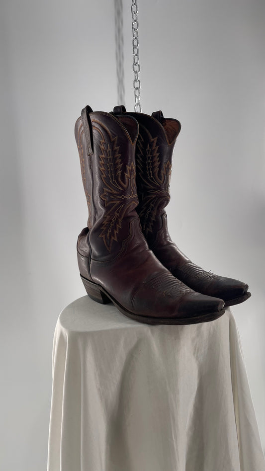 Vintage Men’s 1883 Luchesse Lived In Brown Cognac Leather Pointed Toe Cowboy Boots with Embroidery (12)