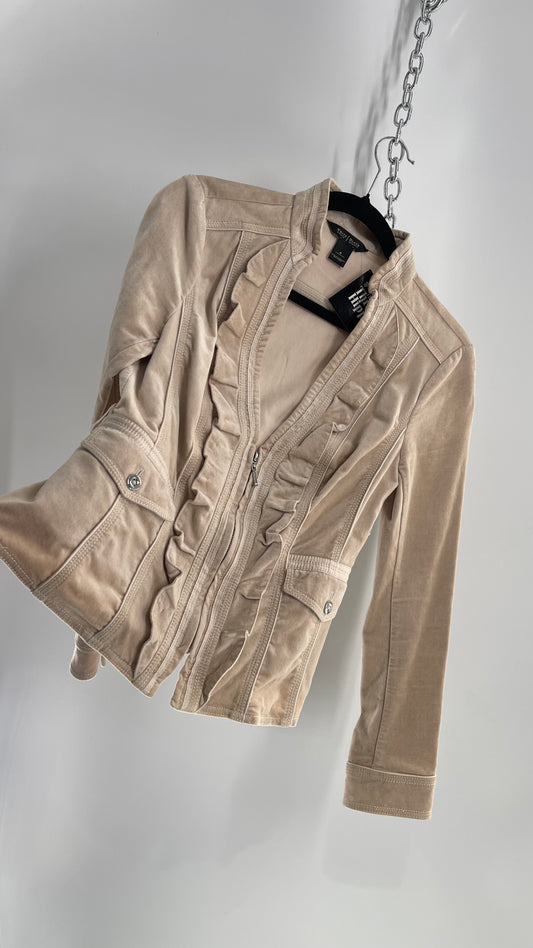 Vintage White House Black Market Ivory Velour Zip Front Ruffled Jacket Top (4)