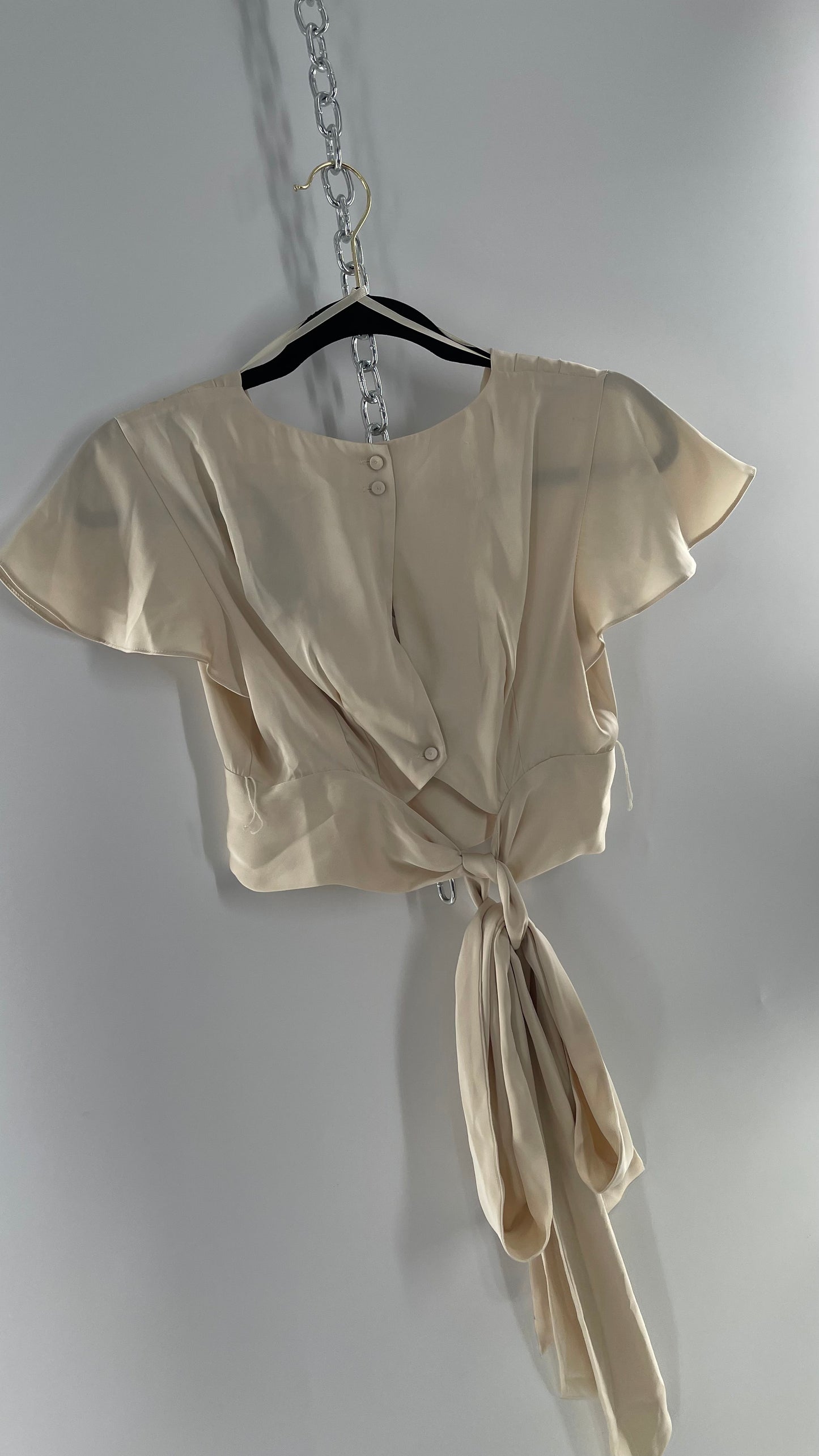 BCBGMAXAZRIA Off White Ivory Satin Tie Around Waist Cropped Blouse with Button Back and Tags Attached (XXS)