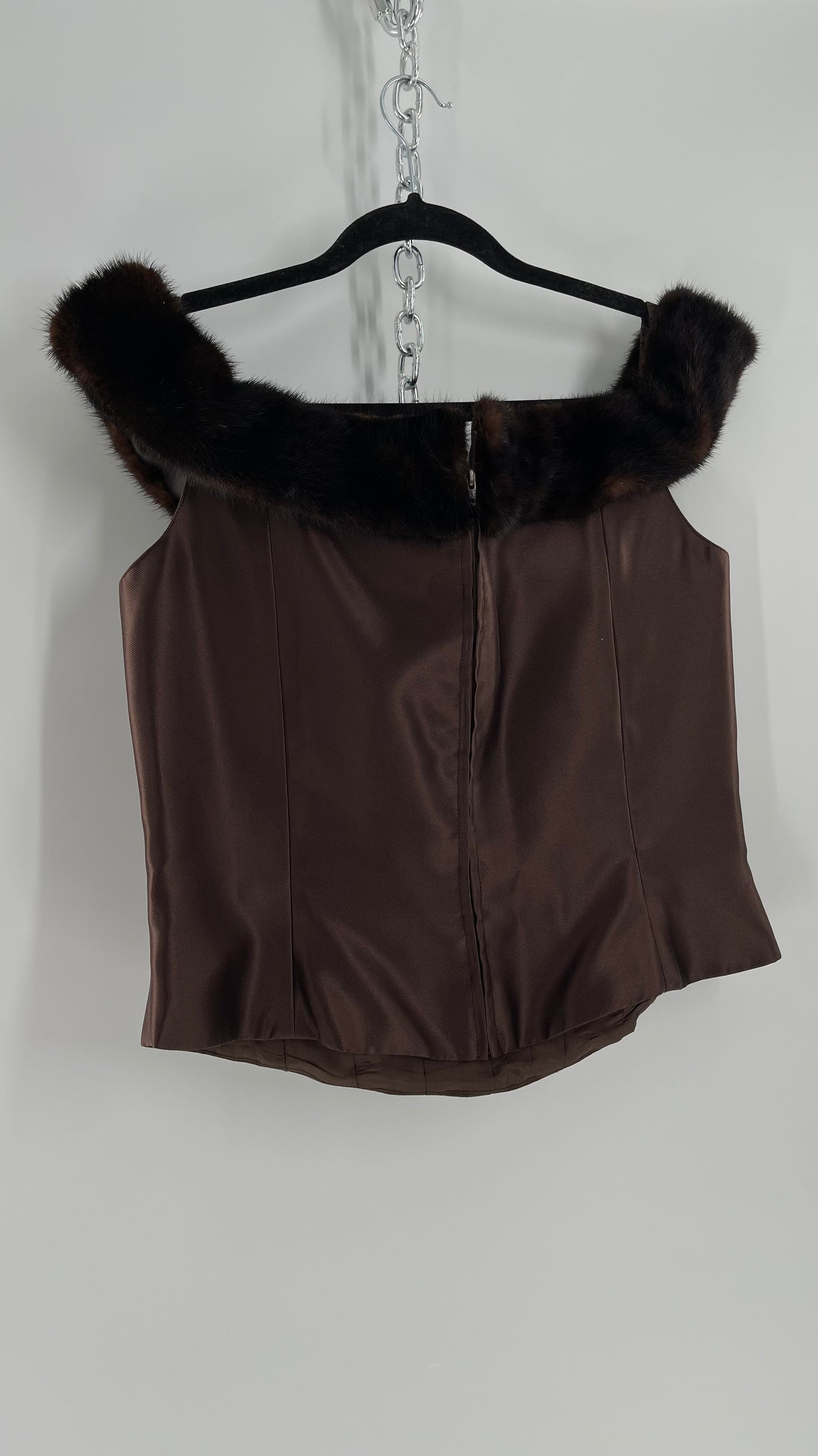 Vintage Sherrie Bloom • Peter Noviella• CHETTA B 100% Silk Brown Corset with Fur Trim Off the Shoulder Collar (14)