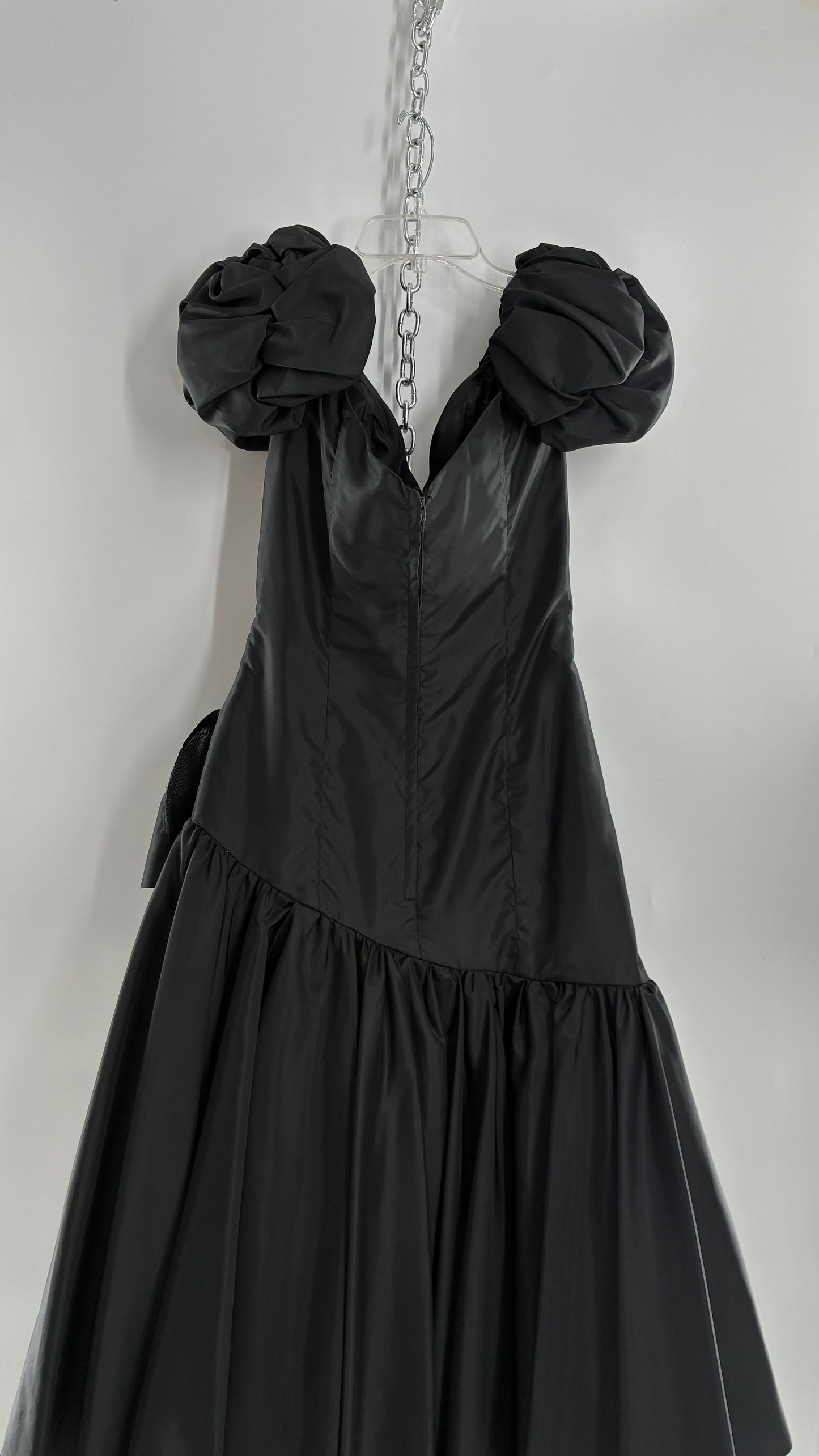 Vintage 1980s Black Gown with Ruched Bodice, Exaggerated Puff Sleeves, and Tiered Skirt (Measured)