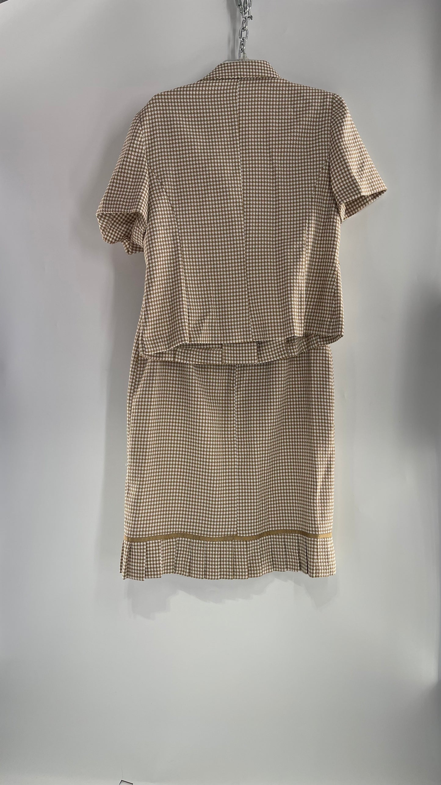 Vintage Tan and White Knit Houndstooth Suit Set with Bows and Skirt (14)