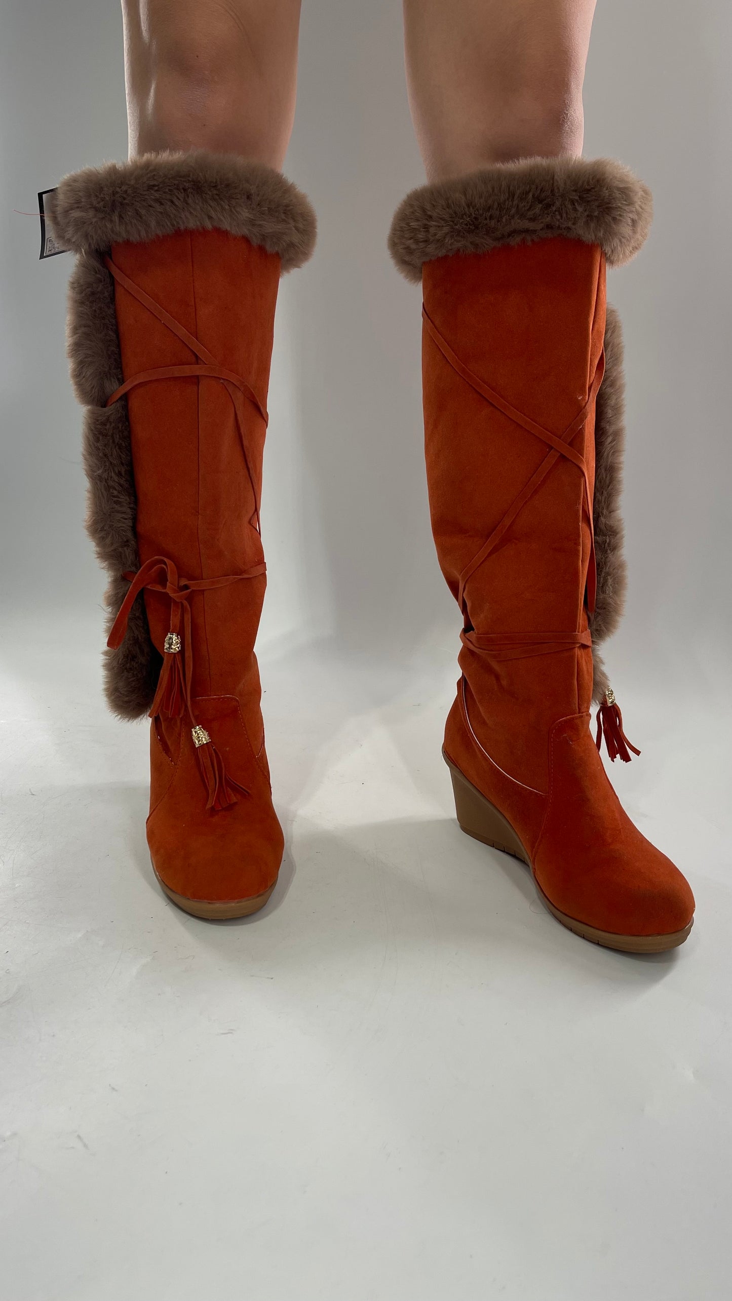 Faux Suede Lace Up Orange Wedge Boots with Faux Fur (37)