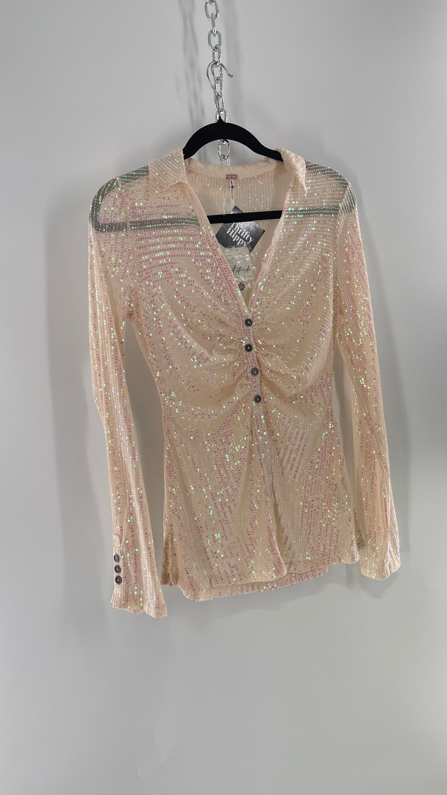 Free People Iridescent Sequined Button Front Ruched Bust Blouse with Tags Attached (Small)