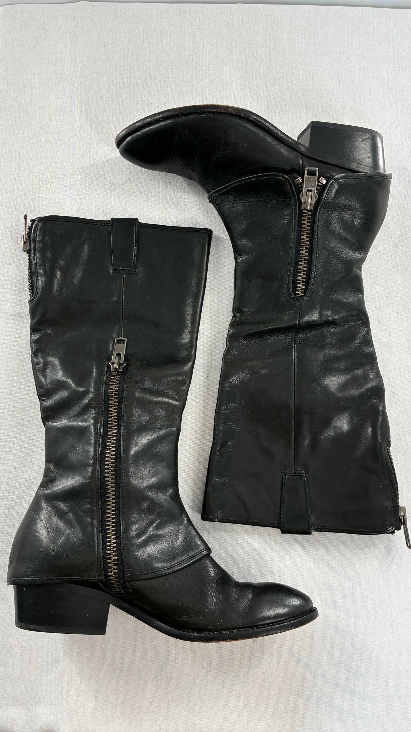 Vintage KORK EASE Black Genuine Leather Fold Over Boots with Heavy Metal Detailing (9/40.5)