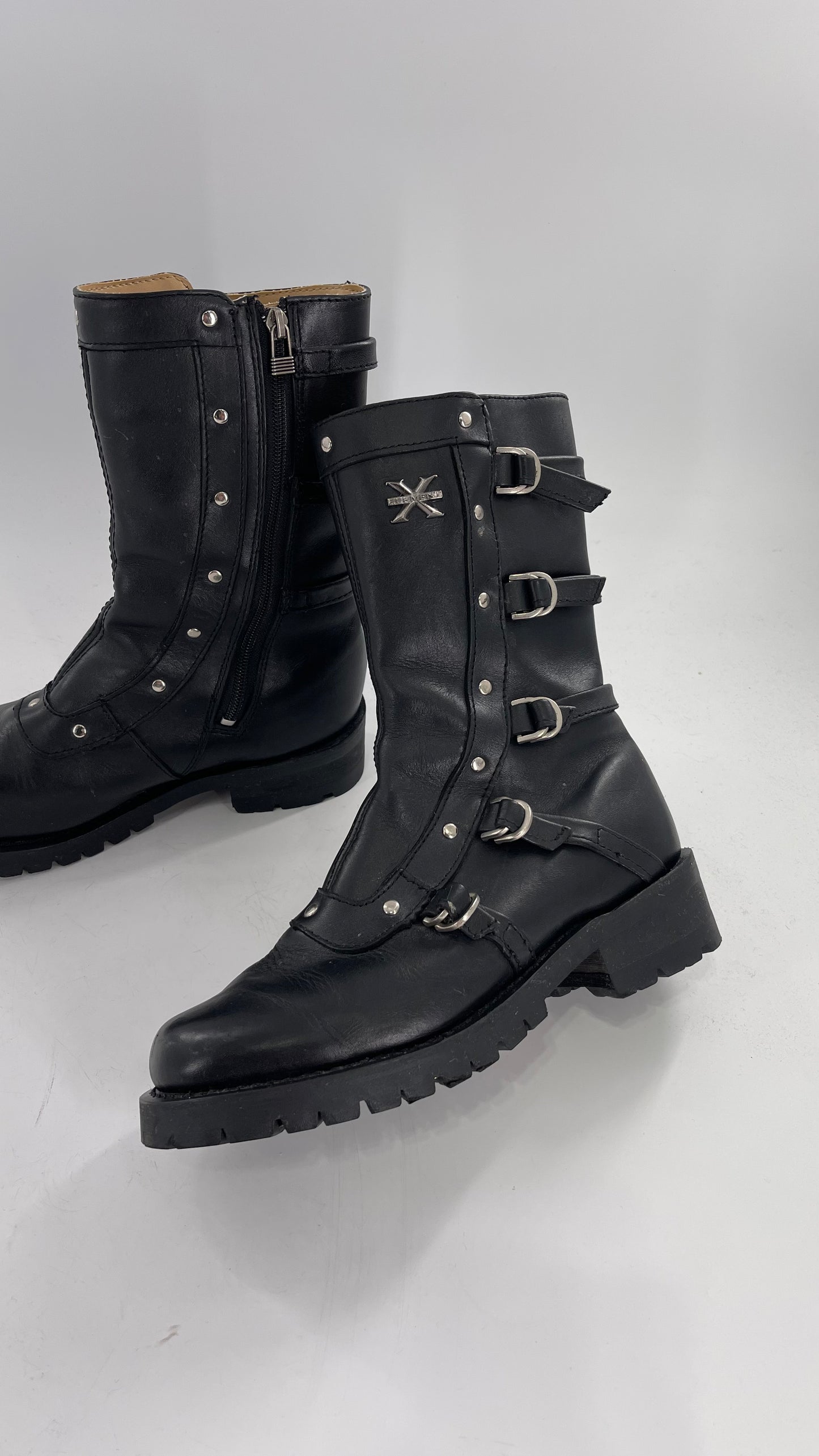 Vintage 1990s XELEMENT Buckle Side Genuine Leather Steam Punk Boots (Women’s 8.5)