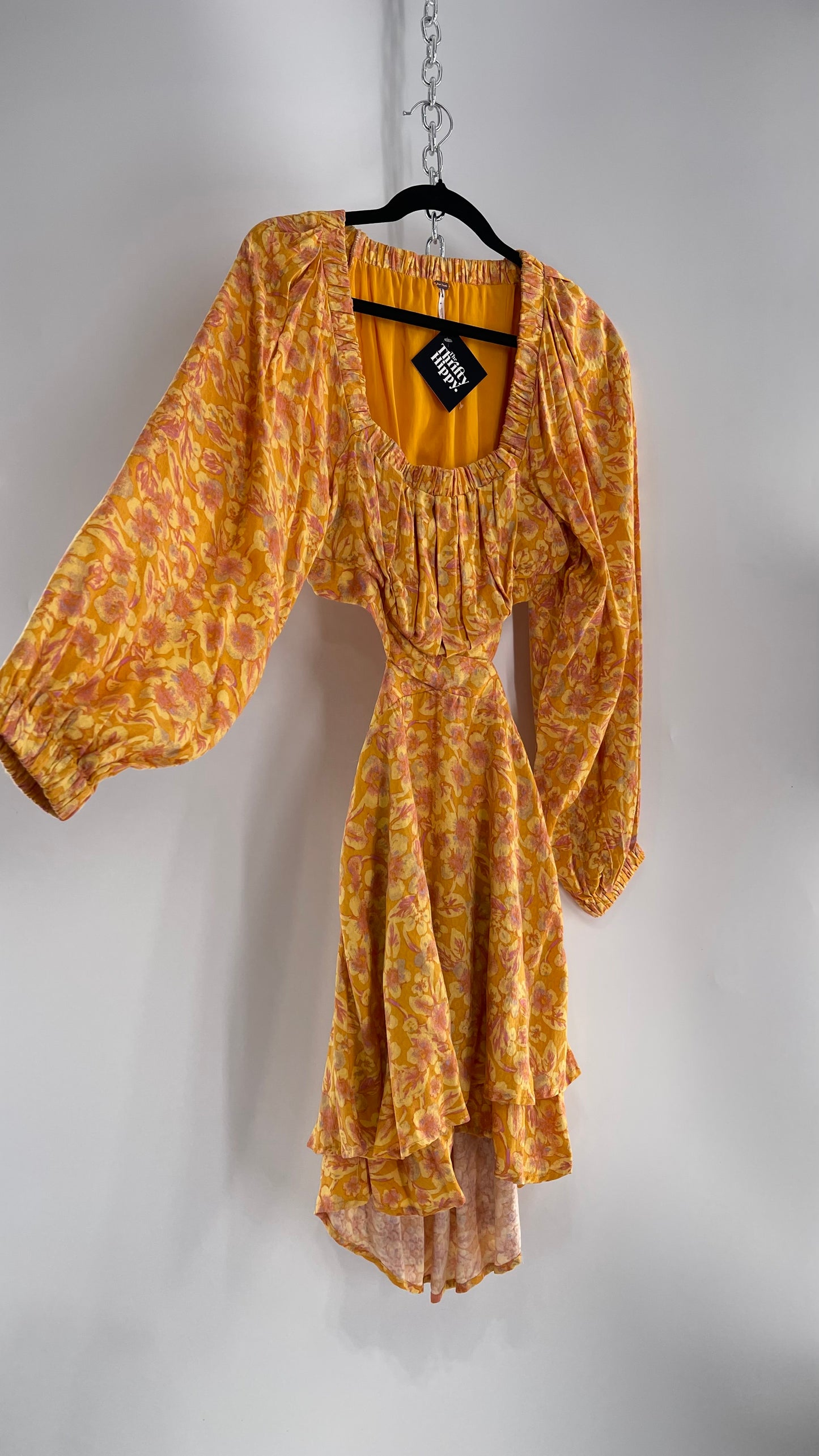 Free People Yellow Cut Out Golden Florals Dress with Ruched Bust and Balloon Sleeves (XS)