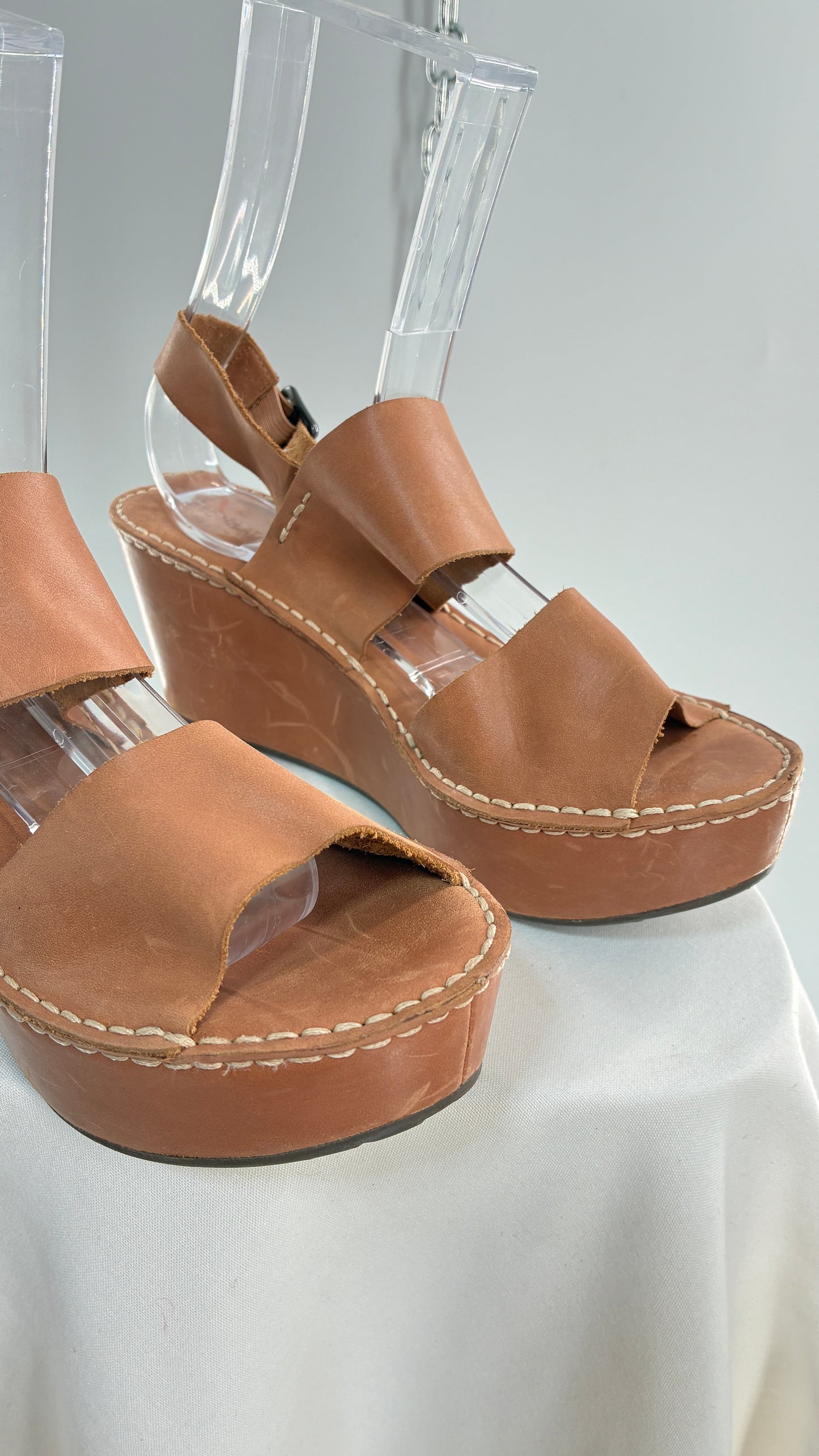 Chocolat Blu Tan Genuine Leather Wedge Platform Sandals (8.5)