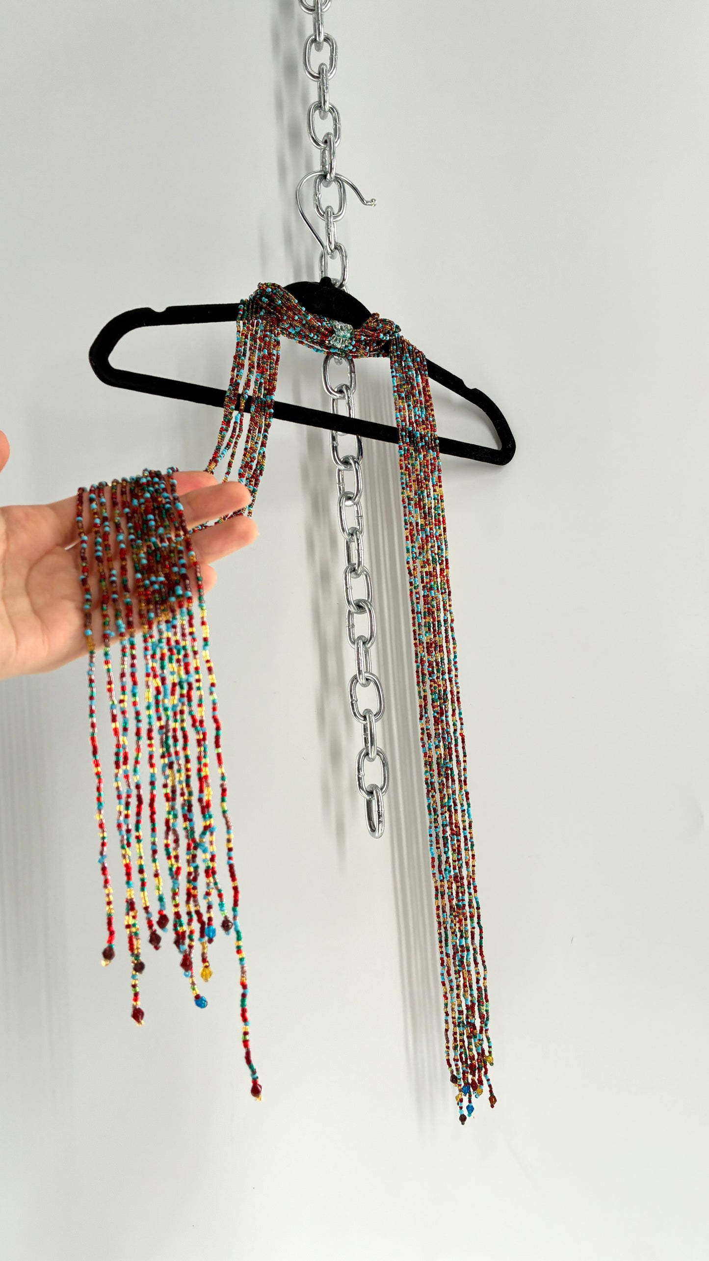 Vintage Red Blue Beaded Scarf Necklace