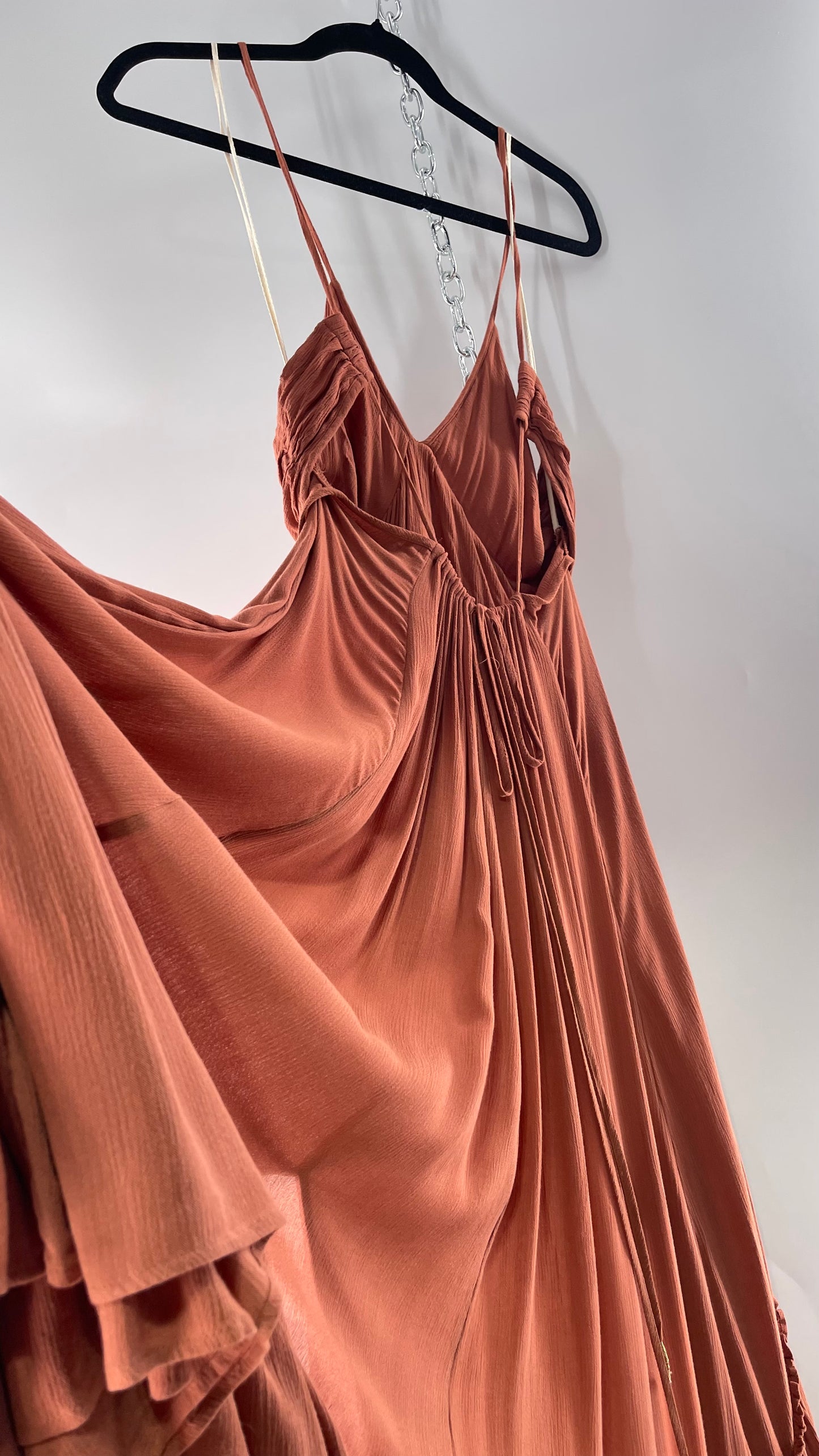 Free People Terracotta/Apricot Toned Voluminous Gown with Open Cut Out Sides and Low, Open Back (Large)