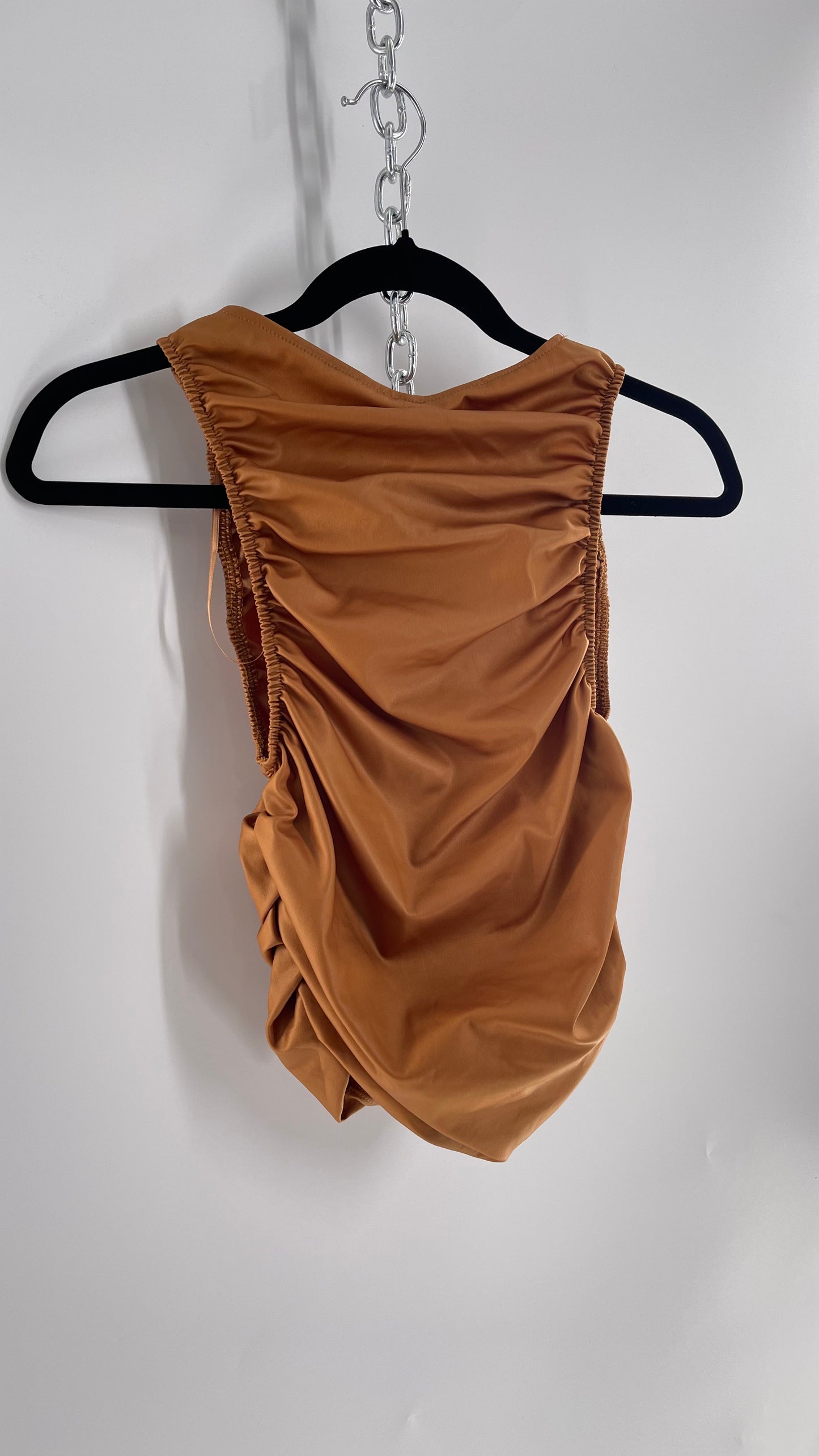 Free People Faux Leather Cognac Ruched High Neck Tank with Bust Cut Out (XS)