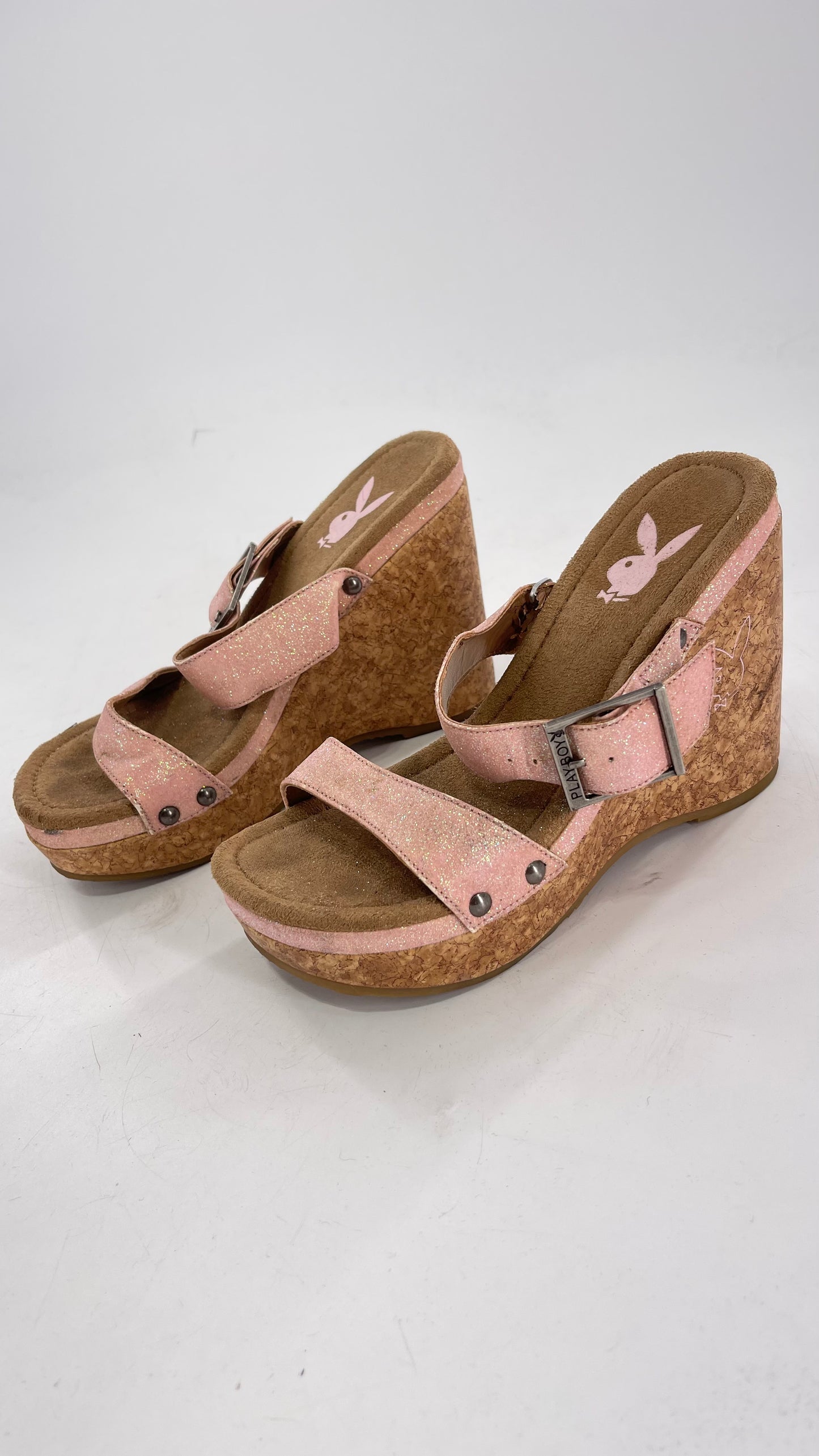 Playboy Pink Glitter Wedge Heel with Cork Heel and Playboy Engraved Buckle (6)