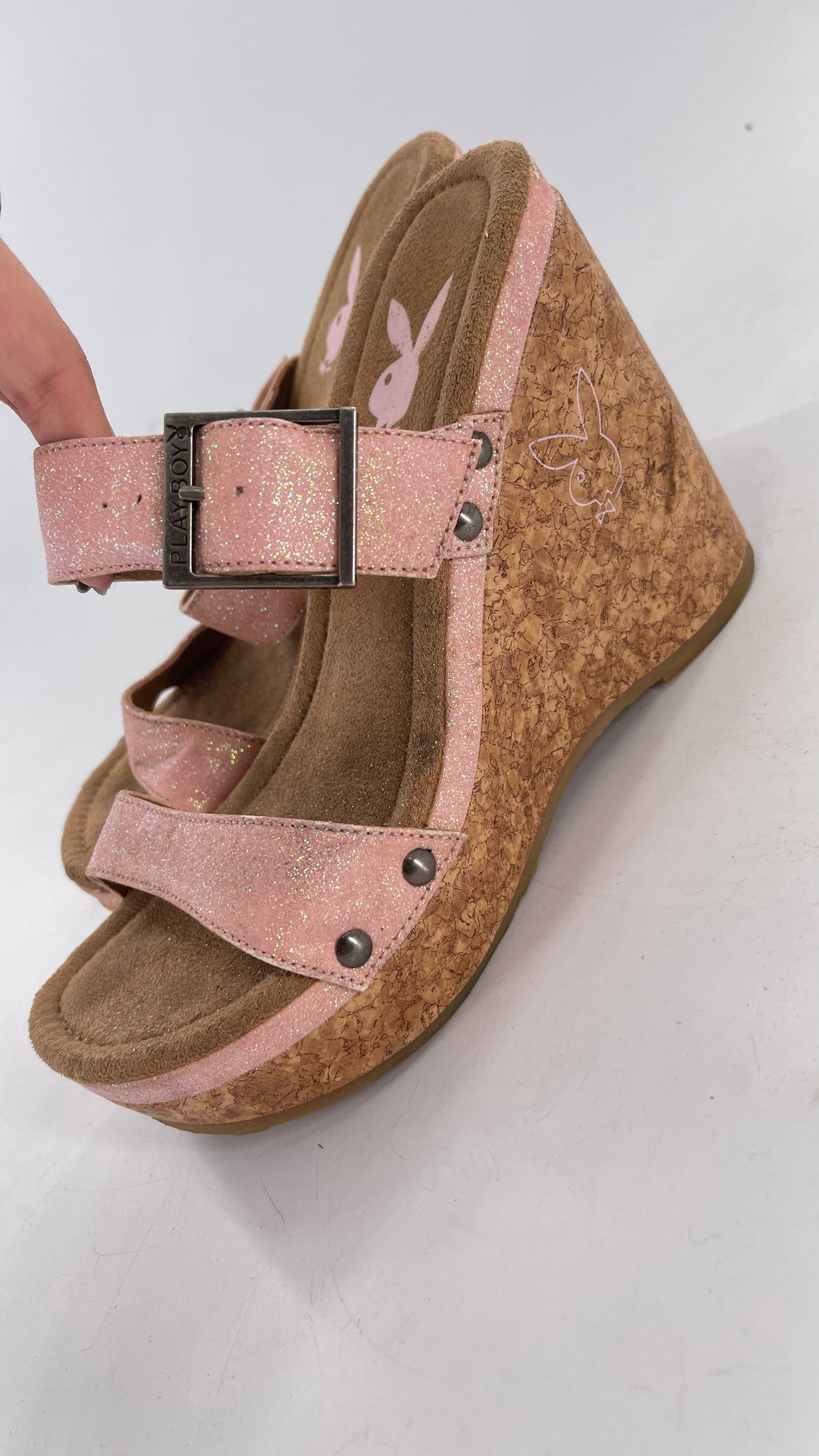 Playboy Pink Glitter Wedge Heel with Cork Heel and Playboy Engraved Buckle (6)