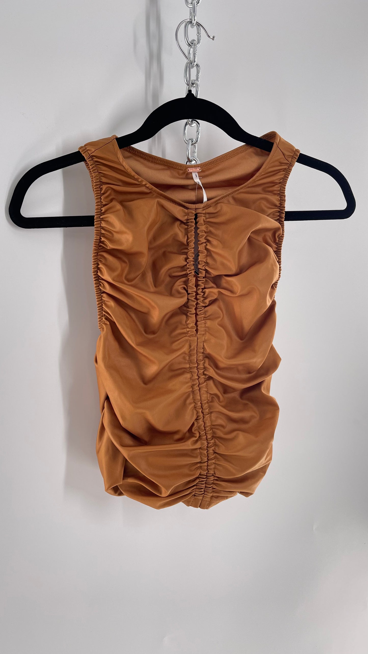 Free People Faux Leather Cognac Ruched High Neck Tank with Bust Cut Out (XS)