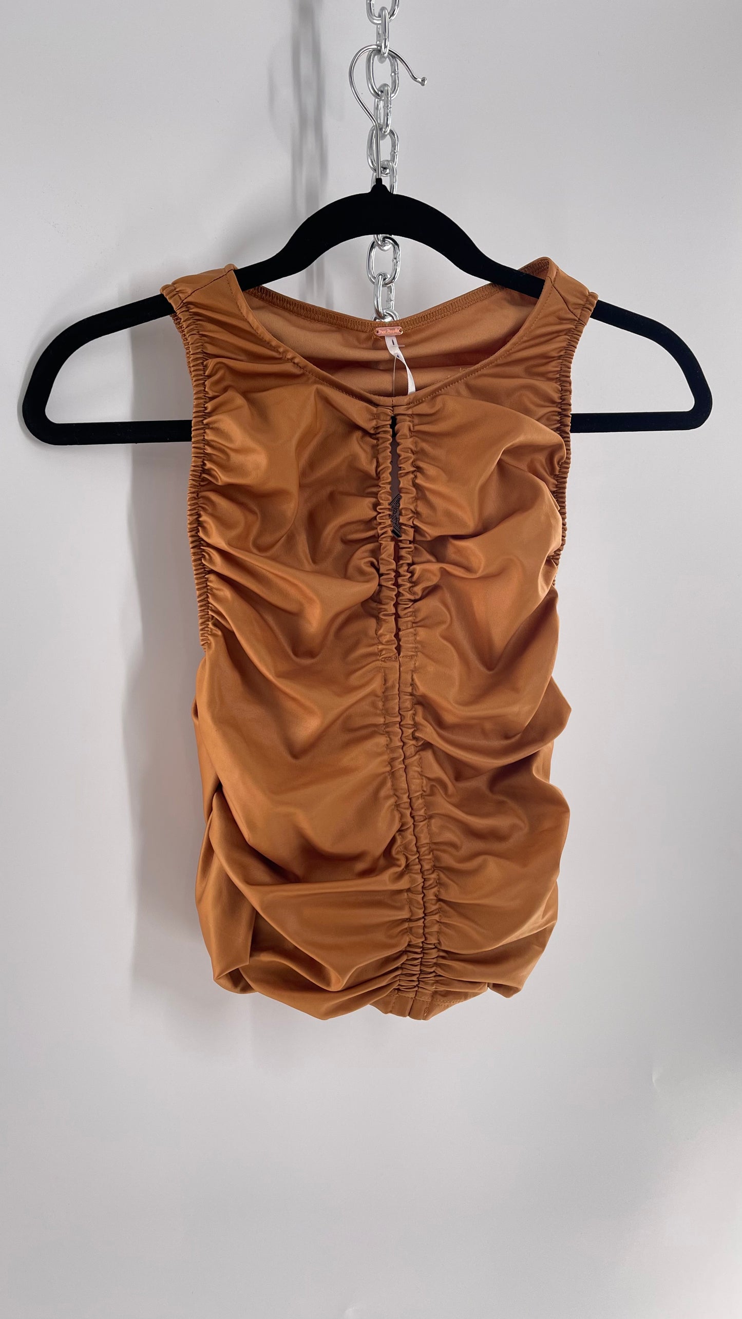 Free People Faux Leather Cognac Ruched High Neck Tank with Bust Cut Out (XS)