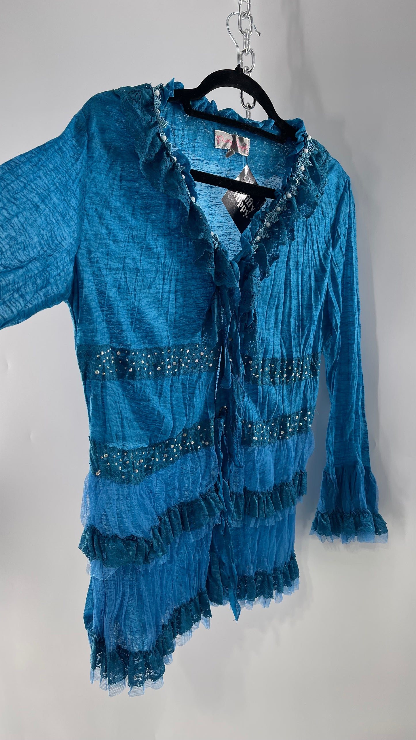 Vintage Pretty Angel Blue Long Sleeve Grommet Tie Bedazzled Blouse with Lace Ruffles and Pearlescent Beading (Large)