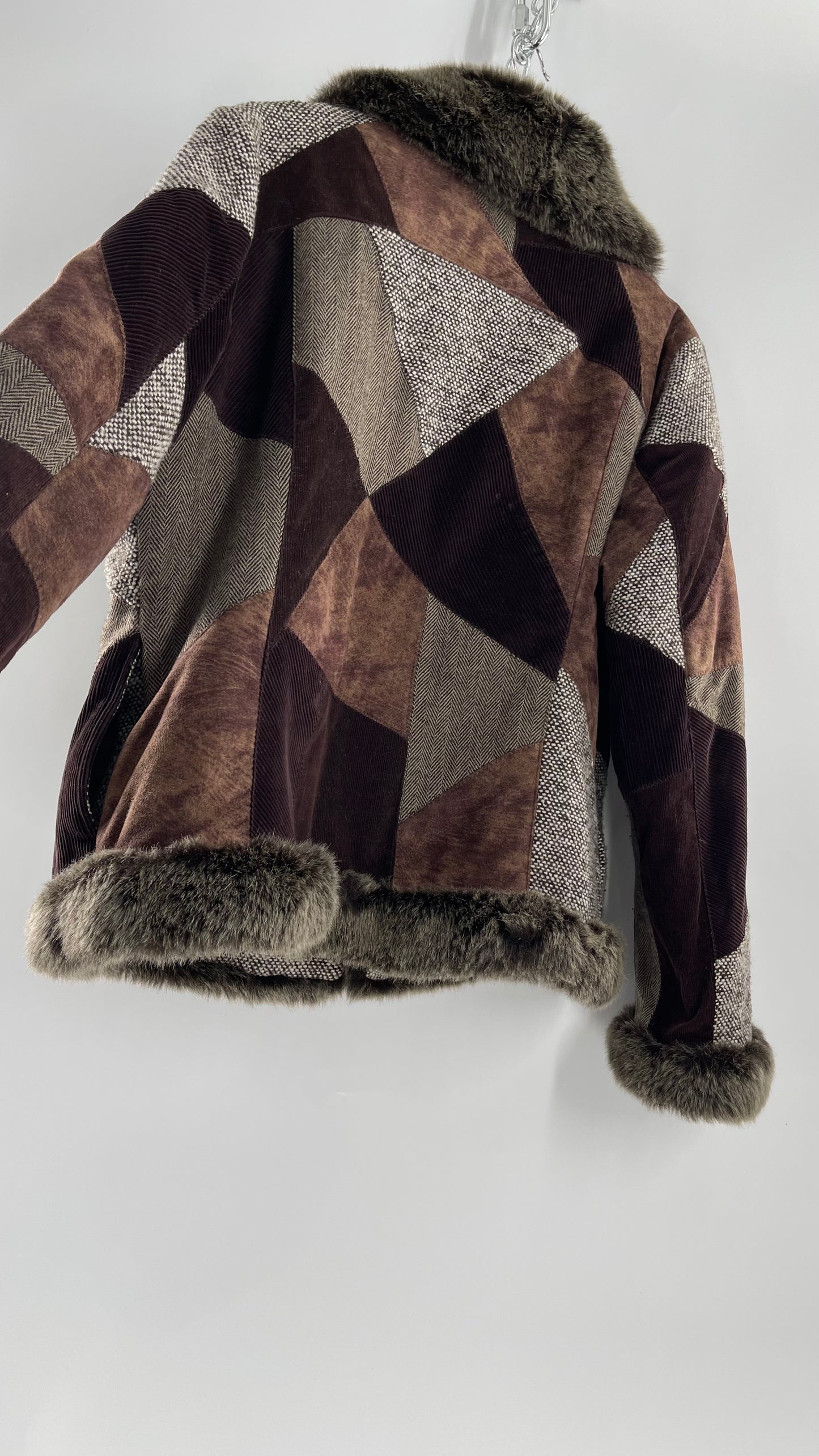 Vintage TRIBECA STUDIO Brown Patchwork Jacket with Faux Fur Piping and Colar + Quilted Lining (XL)