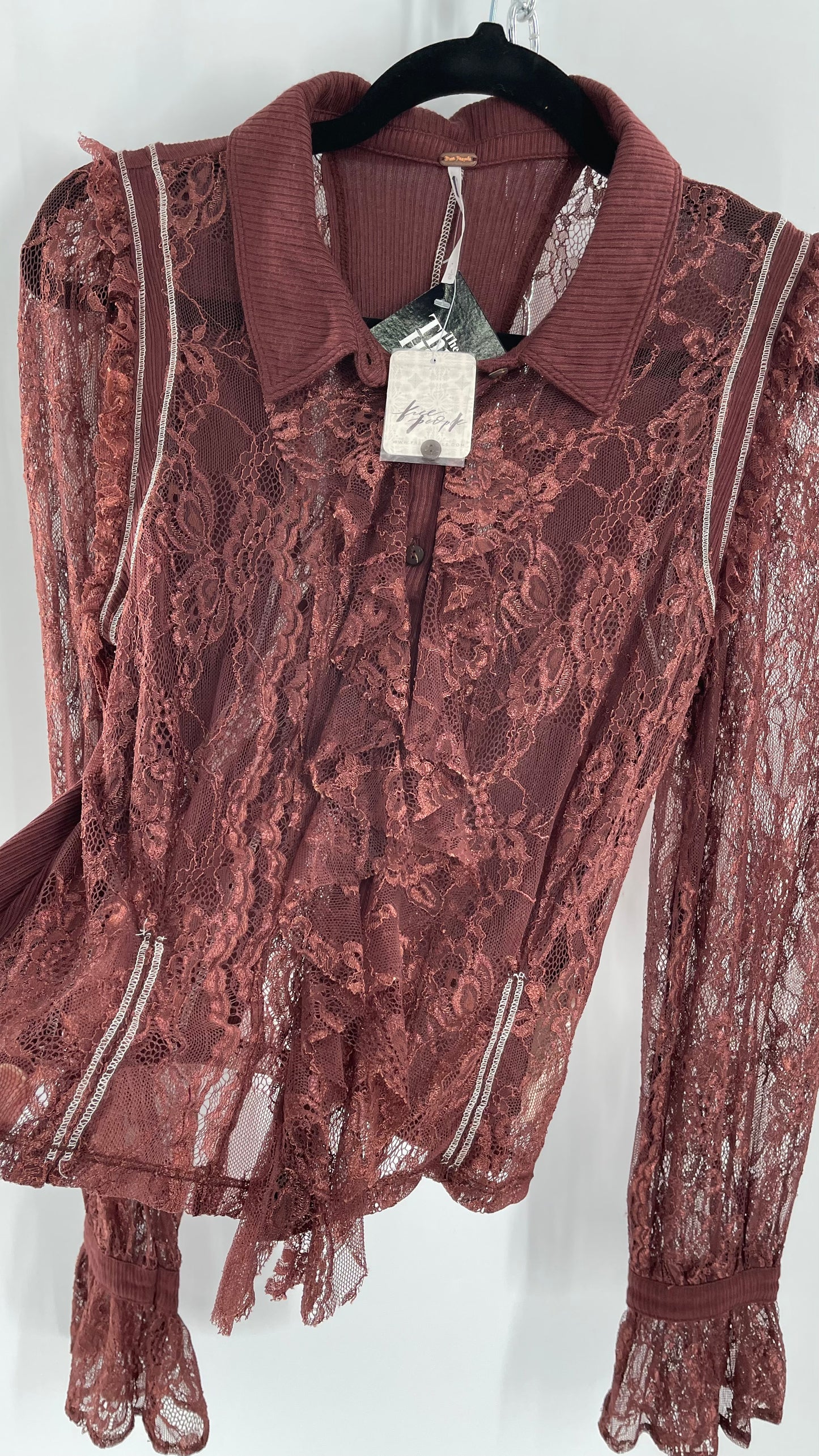 Free People Maroon Burgundy Lace Button Front Blouse with Ruffled Bodice with Tags Attached (Large)