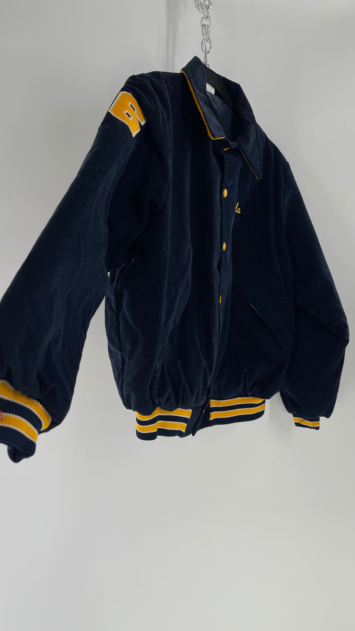 Birdie Vintage Phi Sigma Sigma Navy Blue Corduroy Varsity/Sorority Jacket with Contrast Yellow Patches and Embroidered “Paula” Monogram (Large)