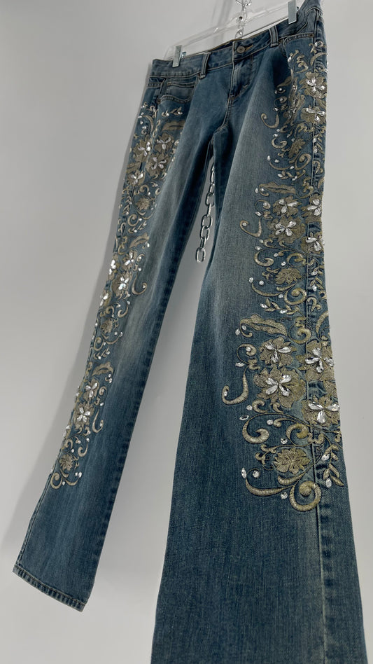 Jean London Jean Light Wash Waist Band to Hem Outer Leg Silver Embroidery with Crystal Rhinestones (6)