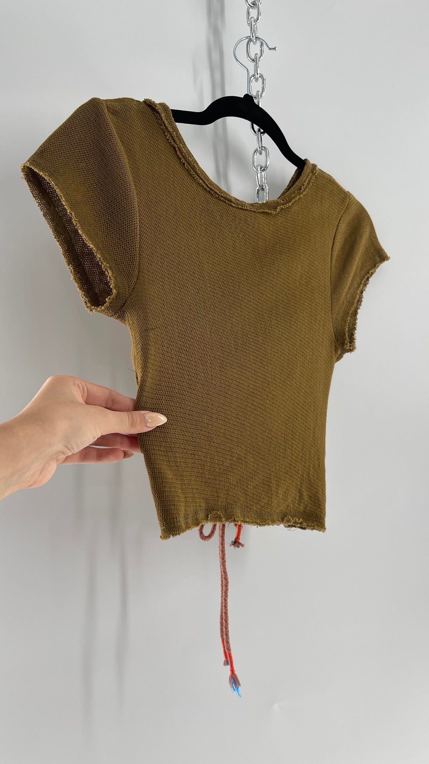 Free People Olive Green Mesh Cropped T Shirt with Cut Out Ruched Bust (Small)