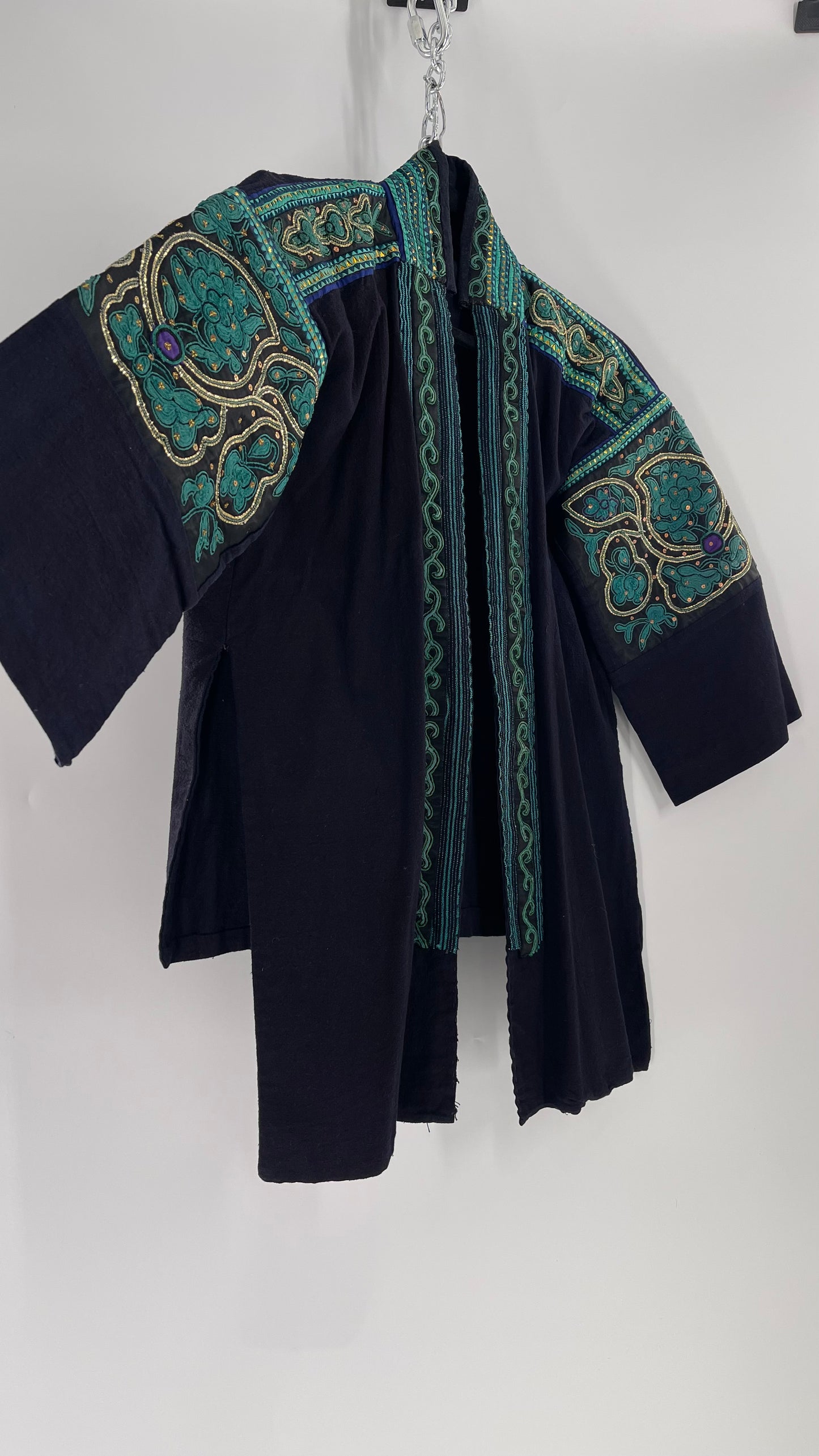 Chinese Vintage Unisex Forbidden Stitch Giuzhou Embroidered Teal Jacket (One Size)