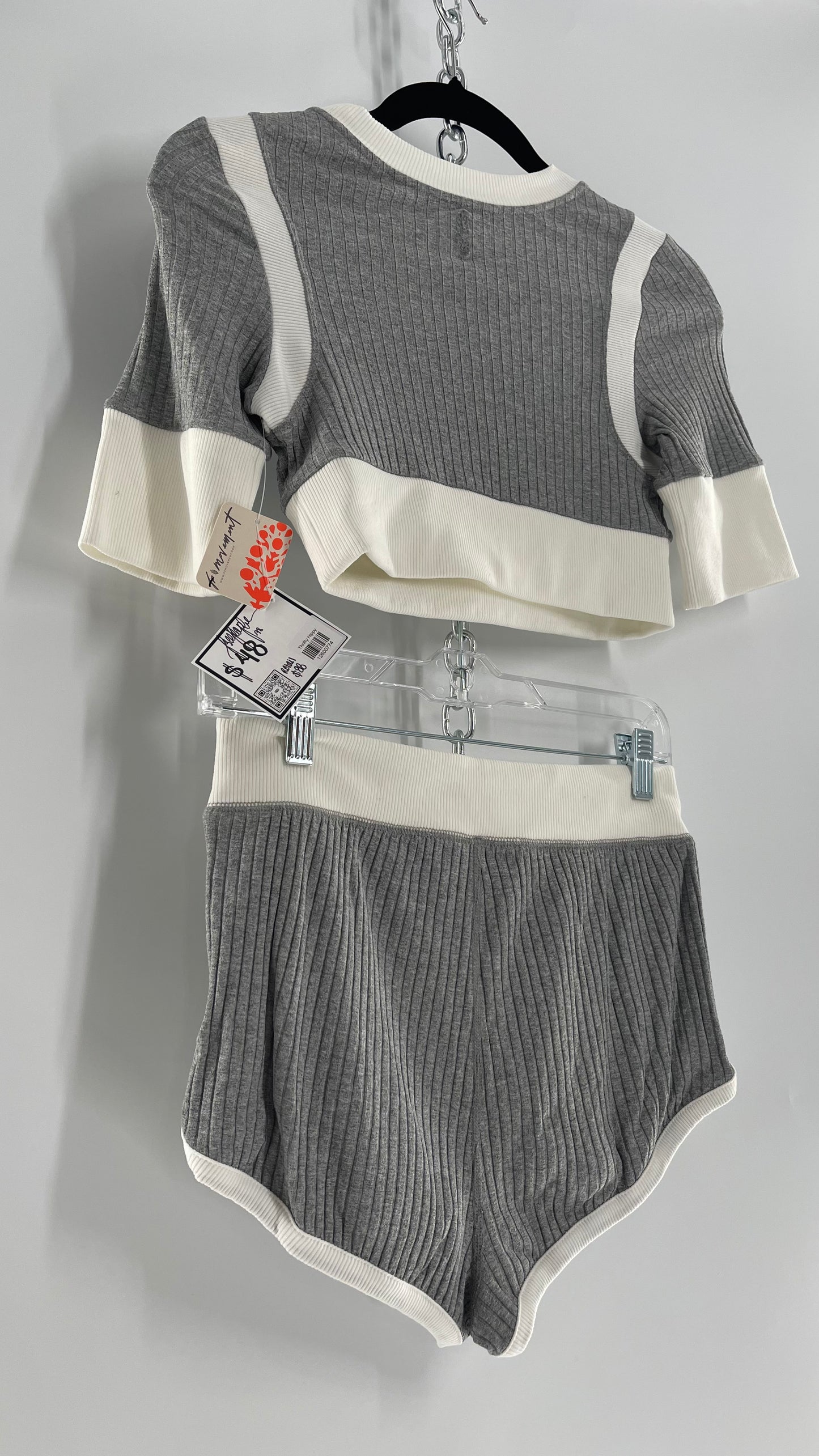 Free People Grey Knit Jersey Loungewear Set with Cropped Short Sleeve and Shorts (XS)