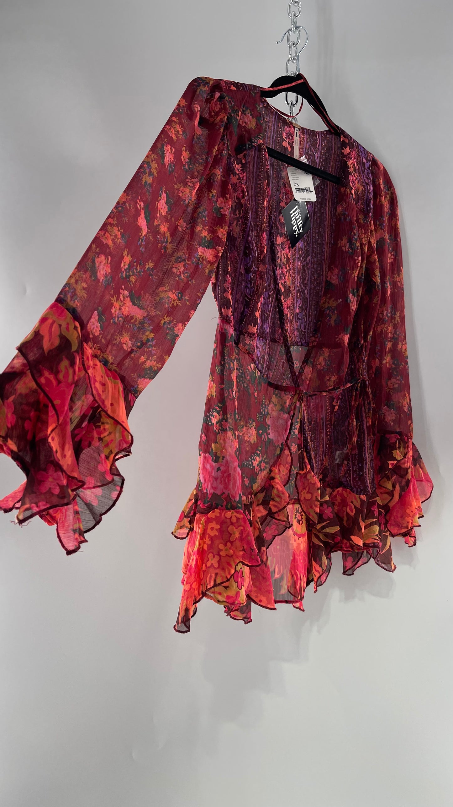 Free People Maroon/Burgundy Red Floral Tie Front Blouse with Ruffled Sleeves and Hem with Tags Attached  (XS)