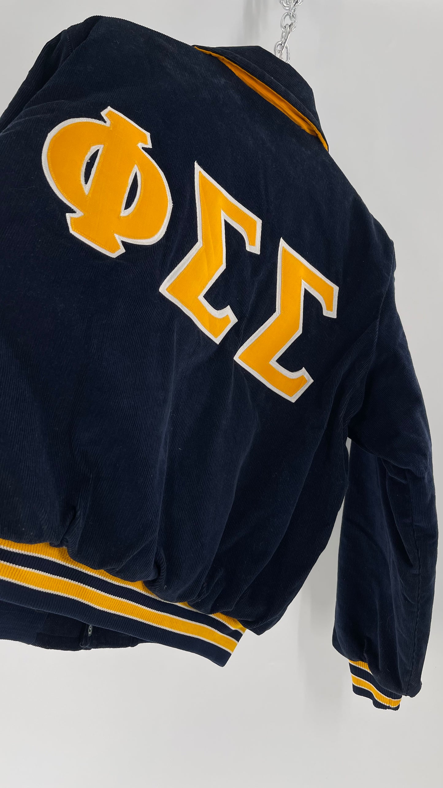 Birdie Vintage Phi Sigma Sigma Navy Blue Corduroy Varsity/Sorority Jacket with Contrast Yellow Patches and Embroidered “Paula” Monogram (Large)