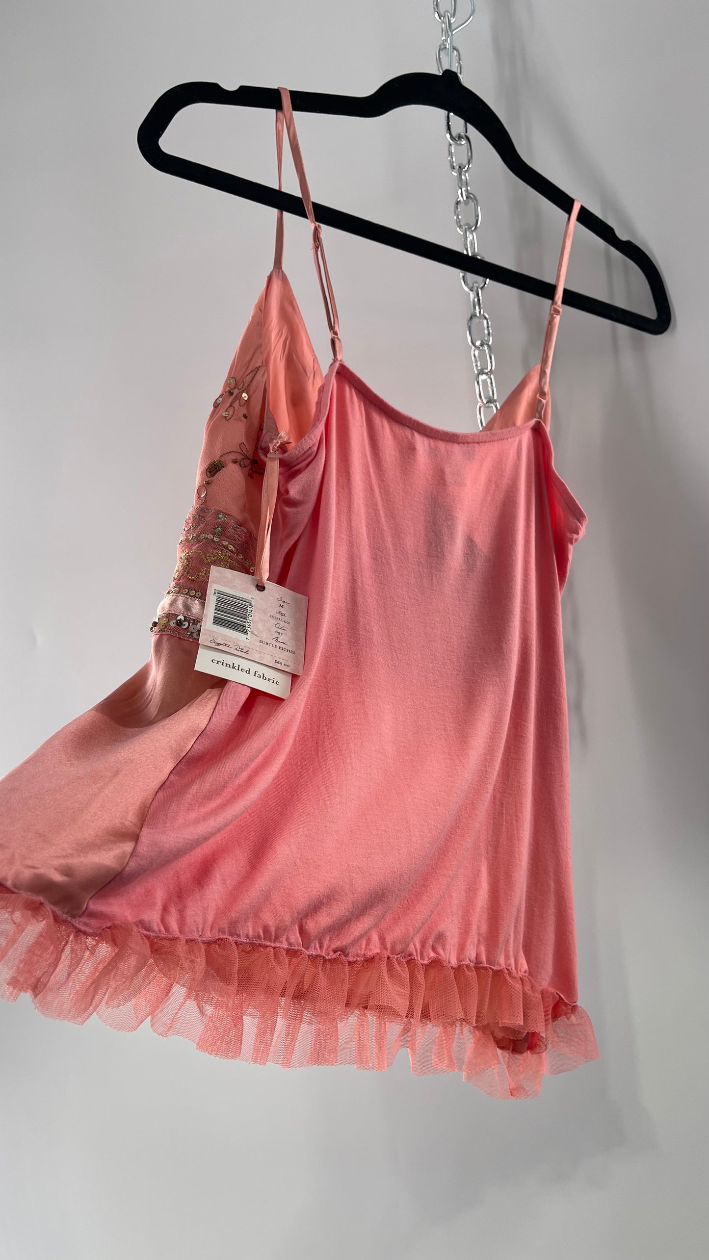 Deadstock Intuitions Pink/Salmon Tank with Lace Trim Hem and Beaded Bodice (Medium)