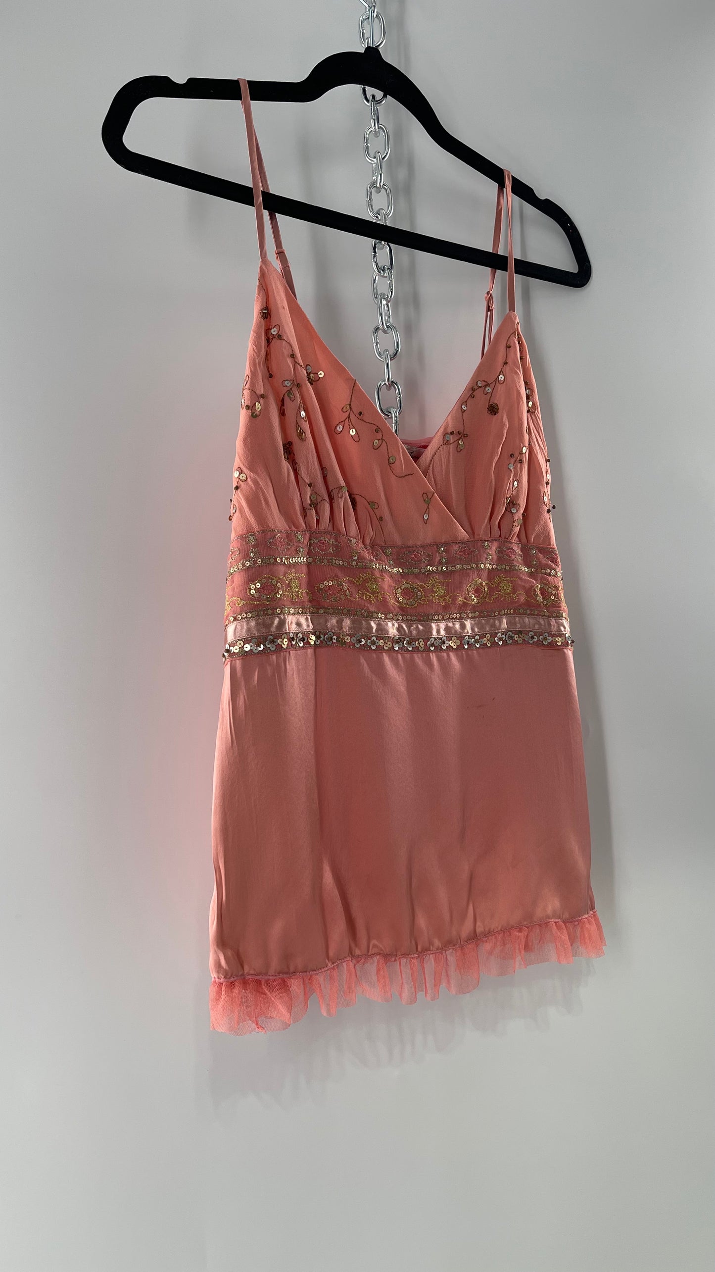 Deadstock Intuitions Pink/Salmon Tank with Lace Trim Hem and Beaded Bodice (Medium)