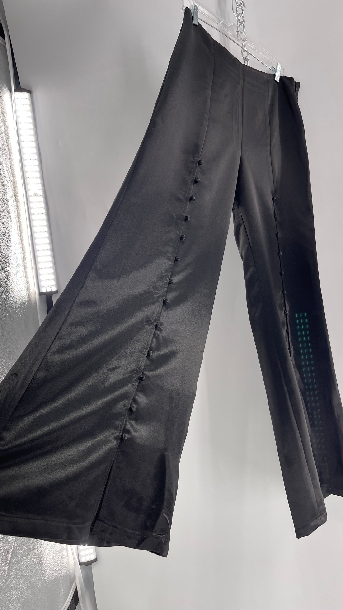 WHY Sultry Steps Black Satin Wide Leg Trouser with Vertical Strip of Satin Buttons (Medium)