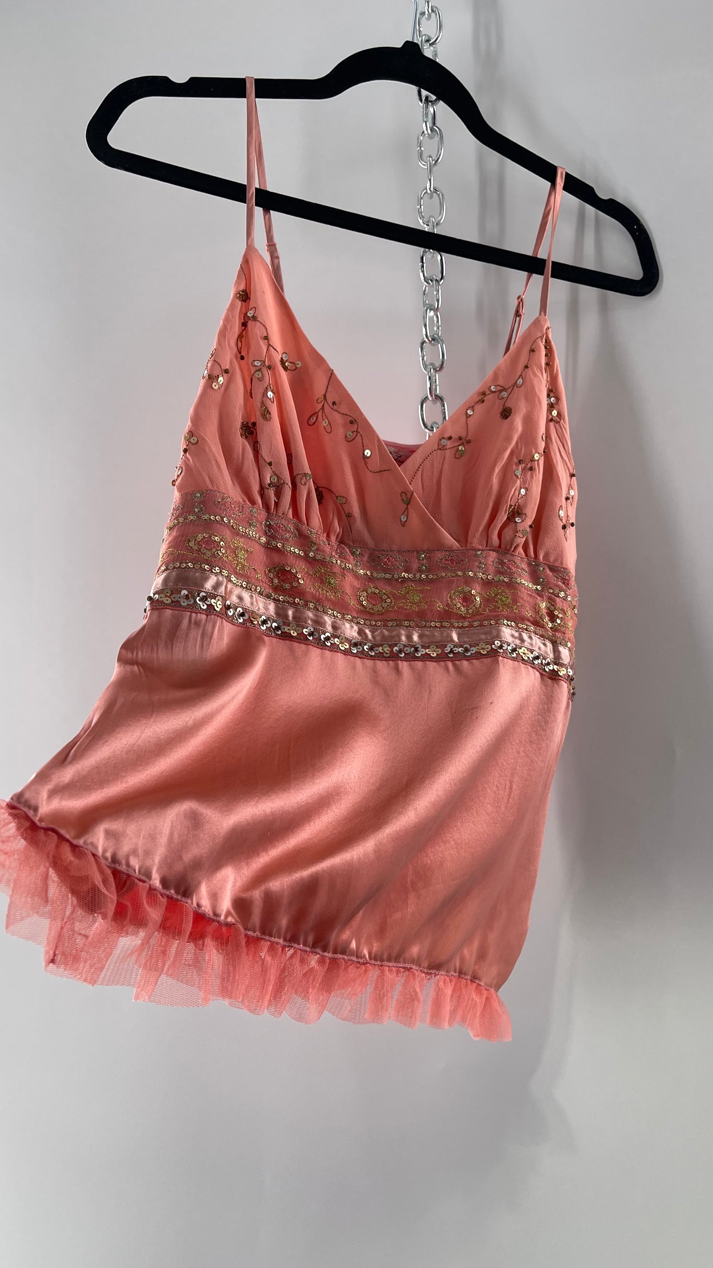 Deadstock Intuitions Pink/Salmon Tank with Lace Trim Hem and Beaded Bodice (Medium)