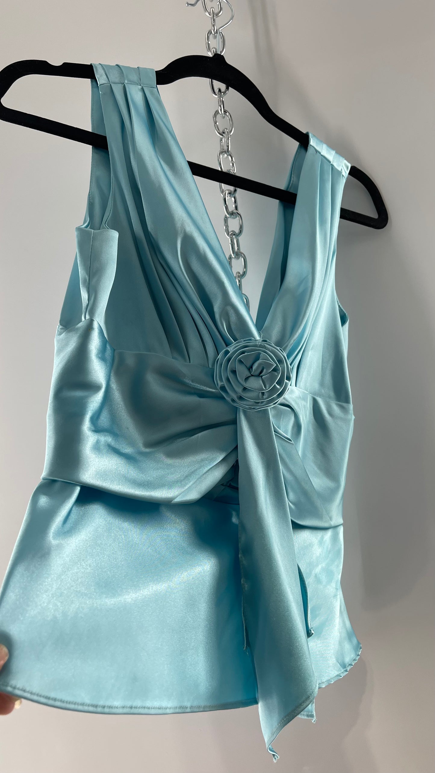 Vintage Jessica McClintock Baby Blue Satin  Pleated Sleeve Tank with Draping and Rosette (8)